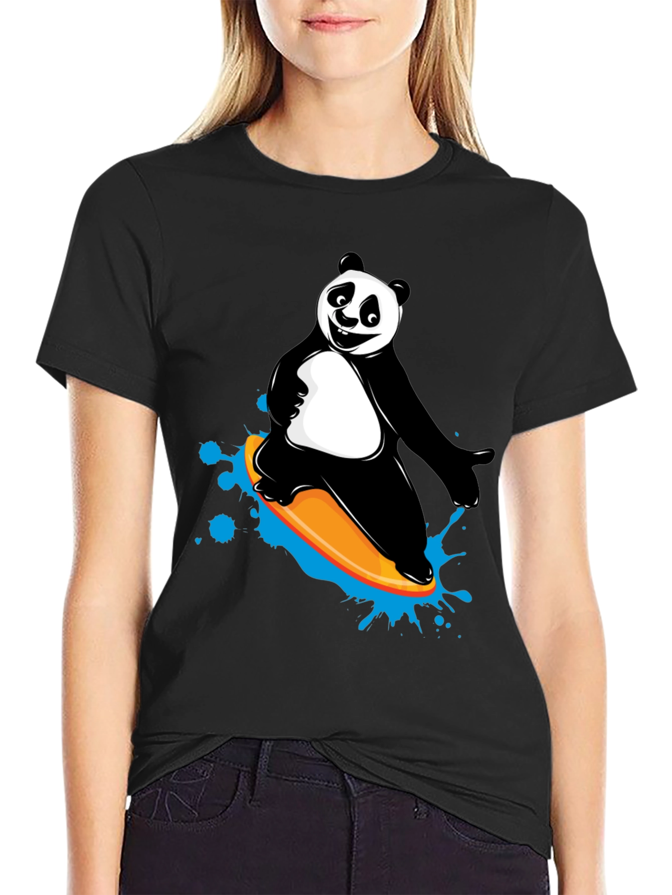 Black Panda Surfing Graphic Tee - Fun Black T-Shirt view 2