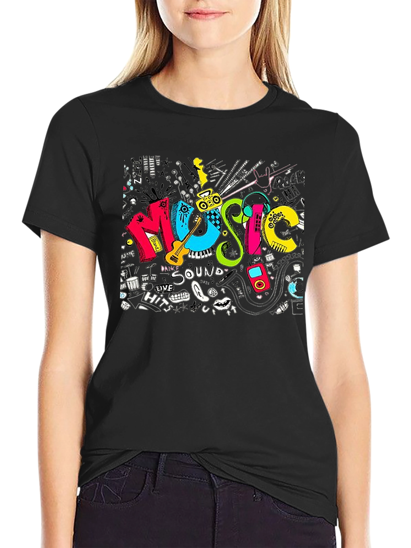 Black Music Graphic Print Black T-Shirt view 2