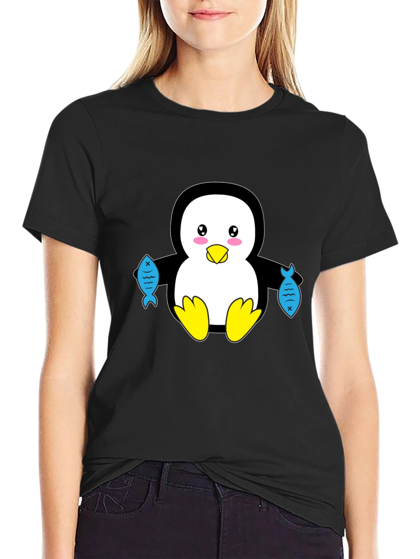 Black Cute Penguin Holding Fish Graphic T-Shirt view 2