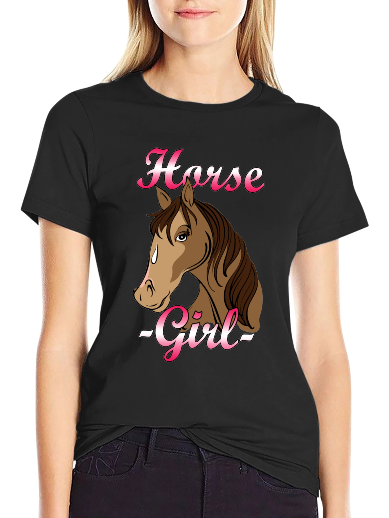 Black Horse Girl Graphic T-Shirt - Black Cotton Tee view 2