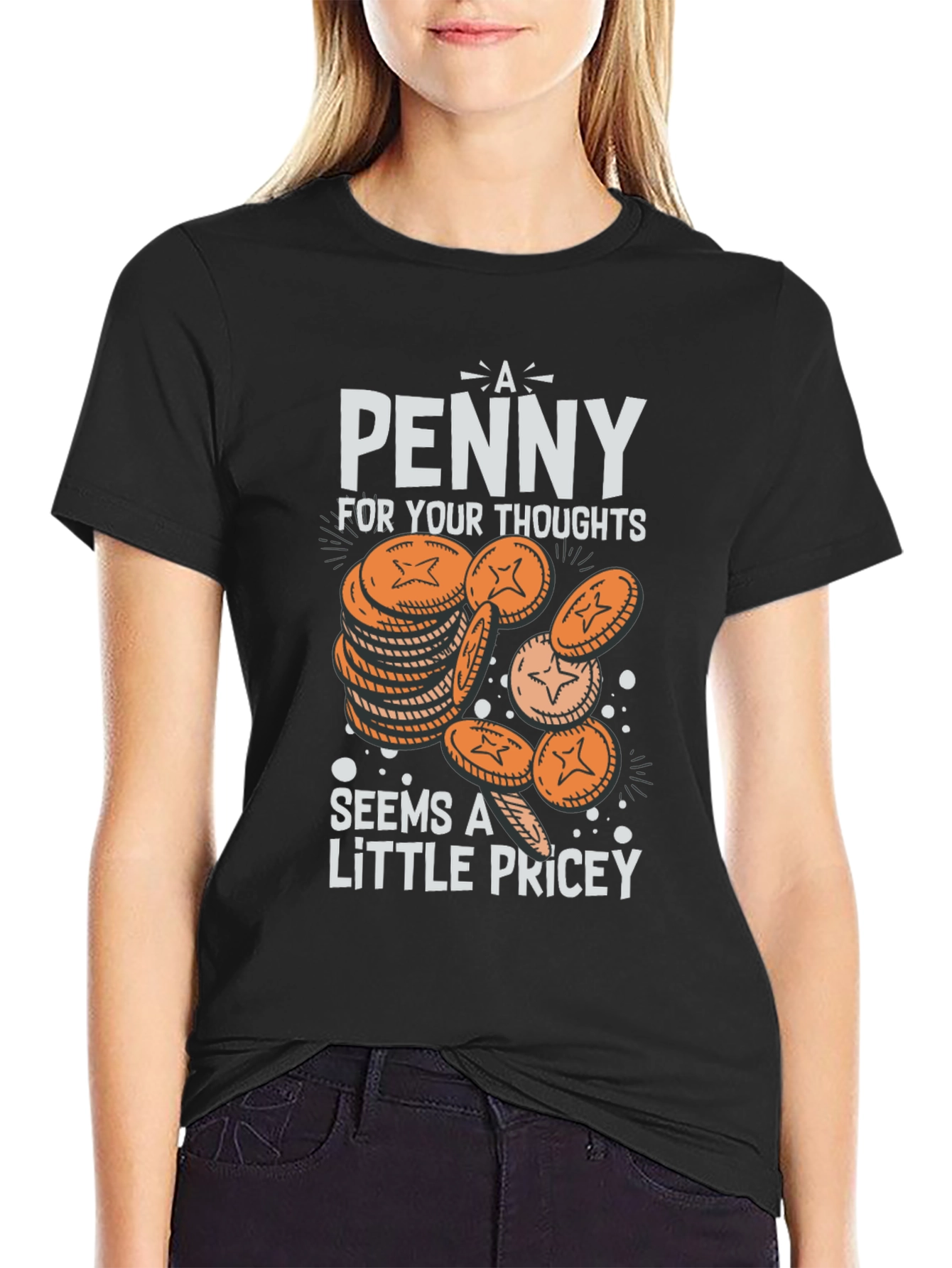 Black Funny 'A Penny For Your Thoughts' Graphic T-Shirt view 2