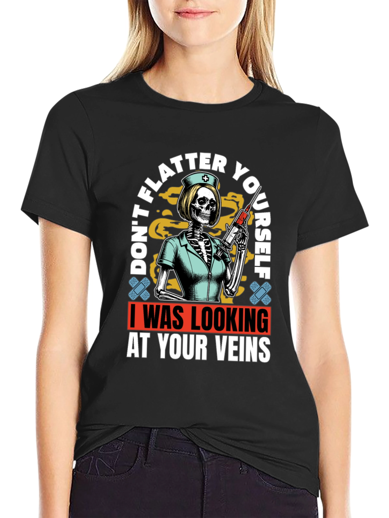 Black Humorous Vein Anatomy Nurse Skeleton Graphic T-Shirt view 2