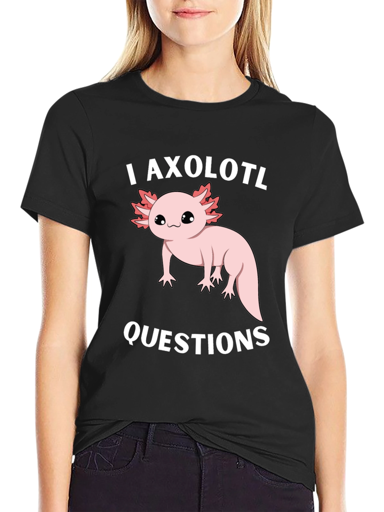 Black I Axolotl Questions Funny Graphic T-Shirt view 2