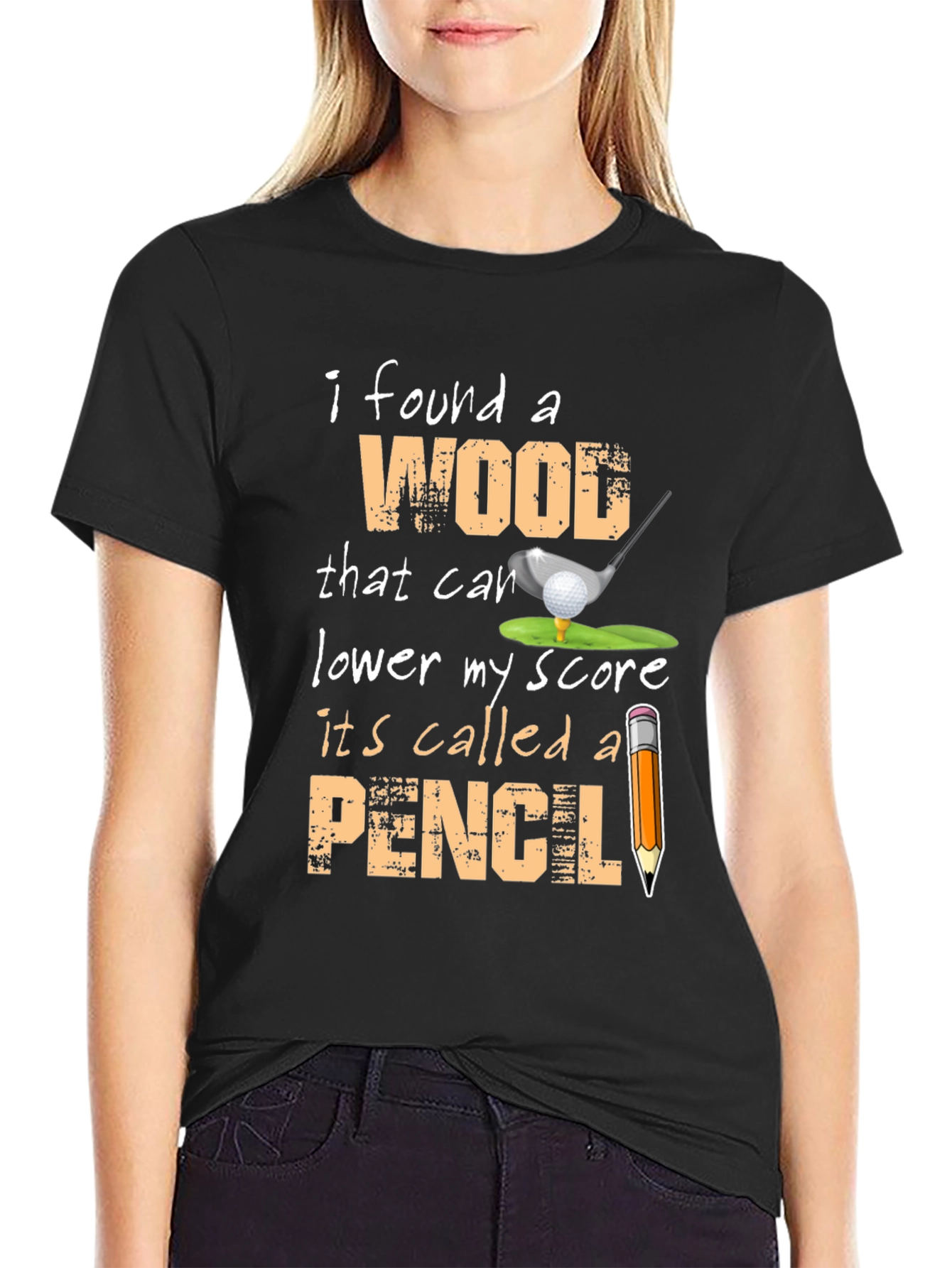 Black Funny Golf T-Shirt - Wood and Pencil view 2