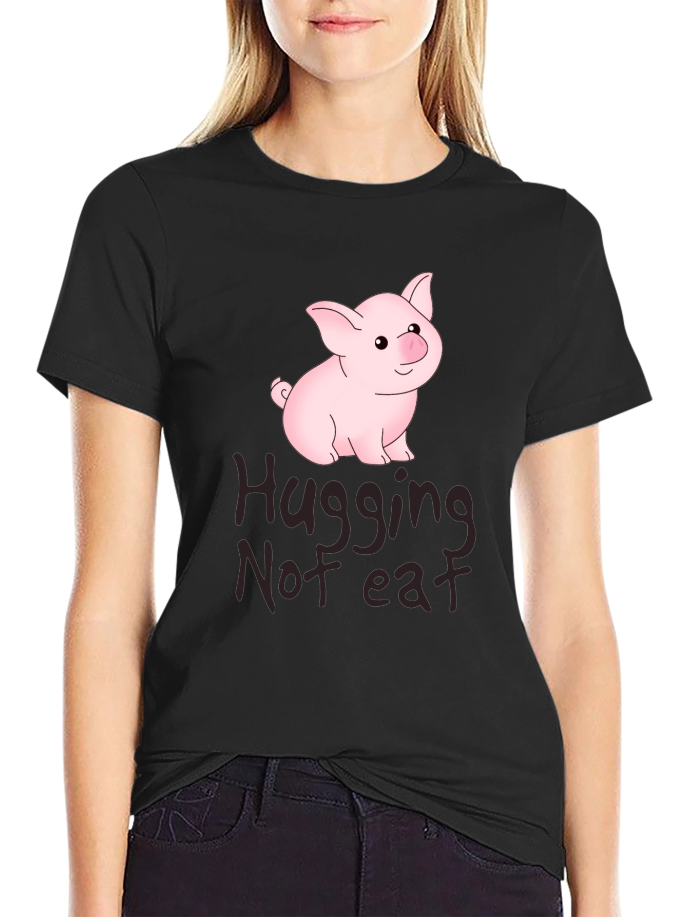 Black Hugging Not Eating Pig T-Shirt view 2