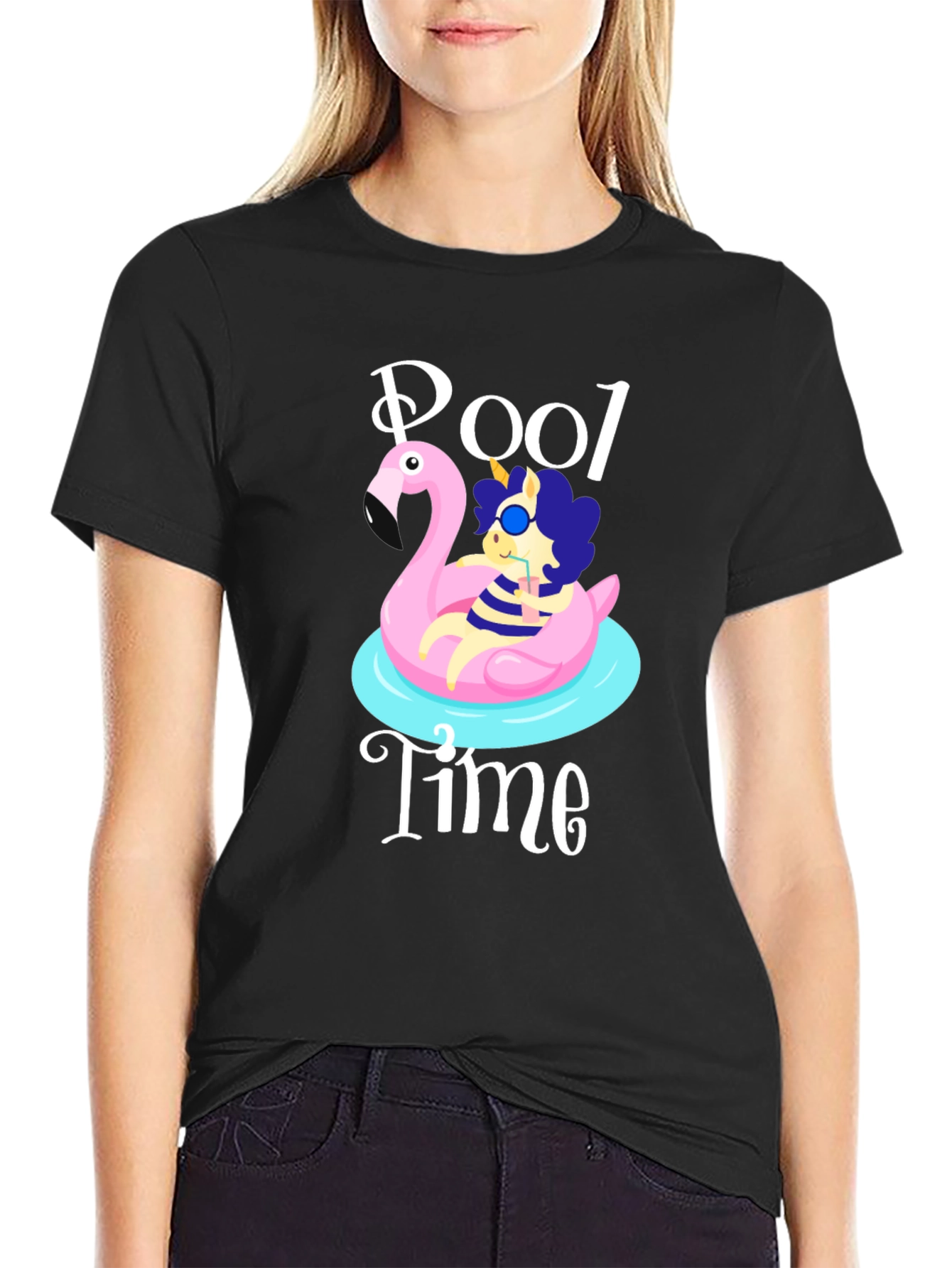 Black Pool Time Graphic T-Shirt - Flamingo Float Fun! view 2