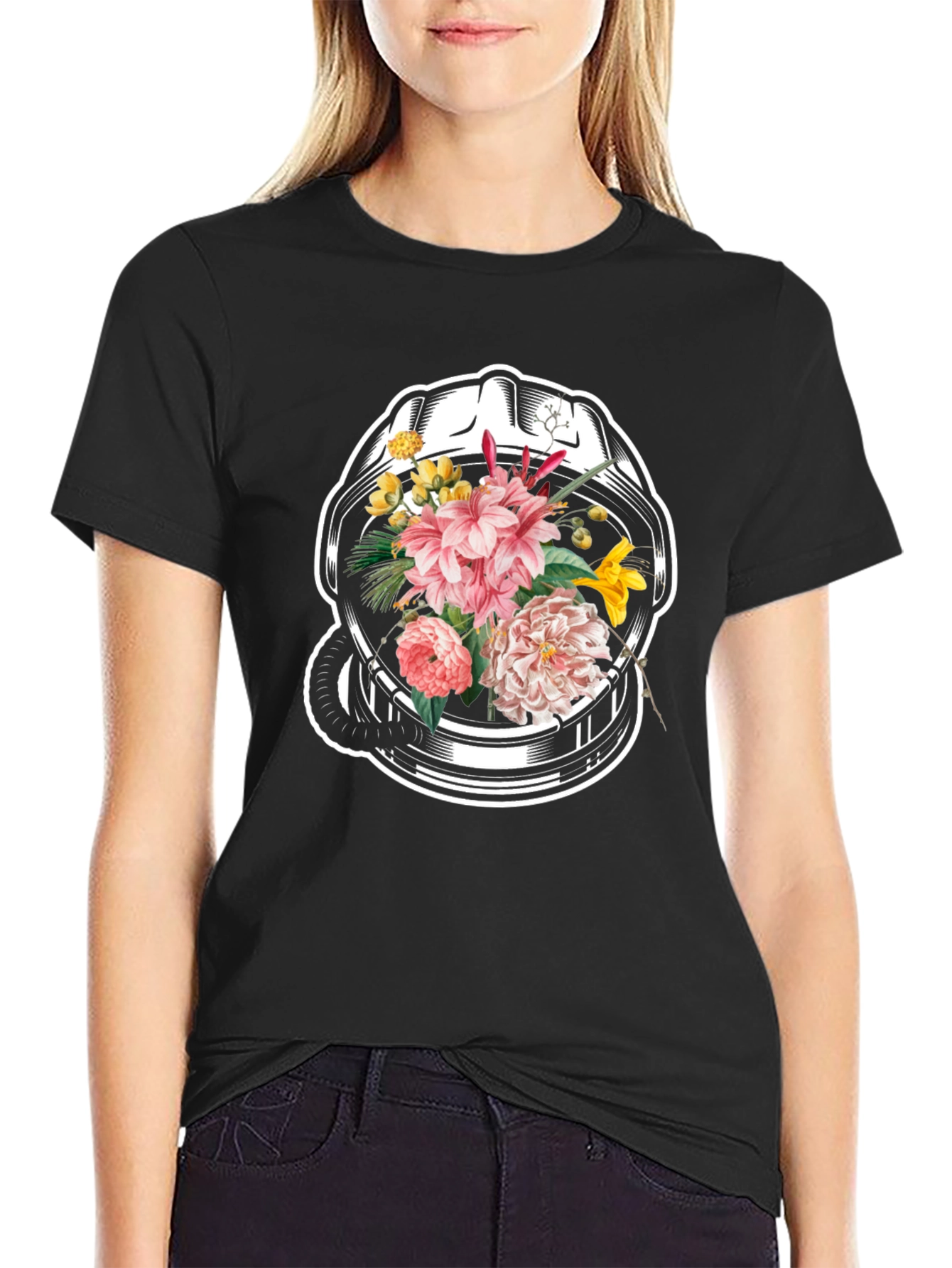 Black Floral Astronaut Helmet Graphic Tee - Unique Design view 2