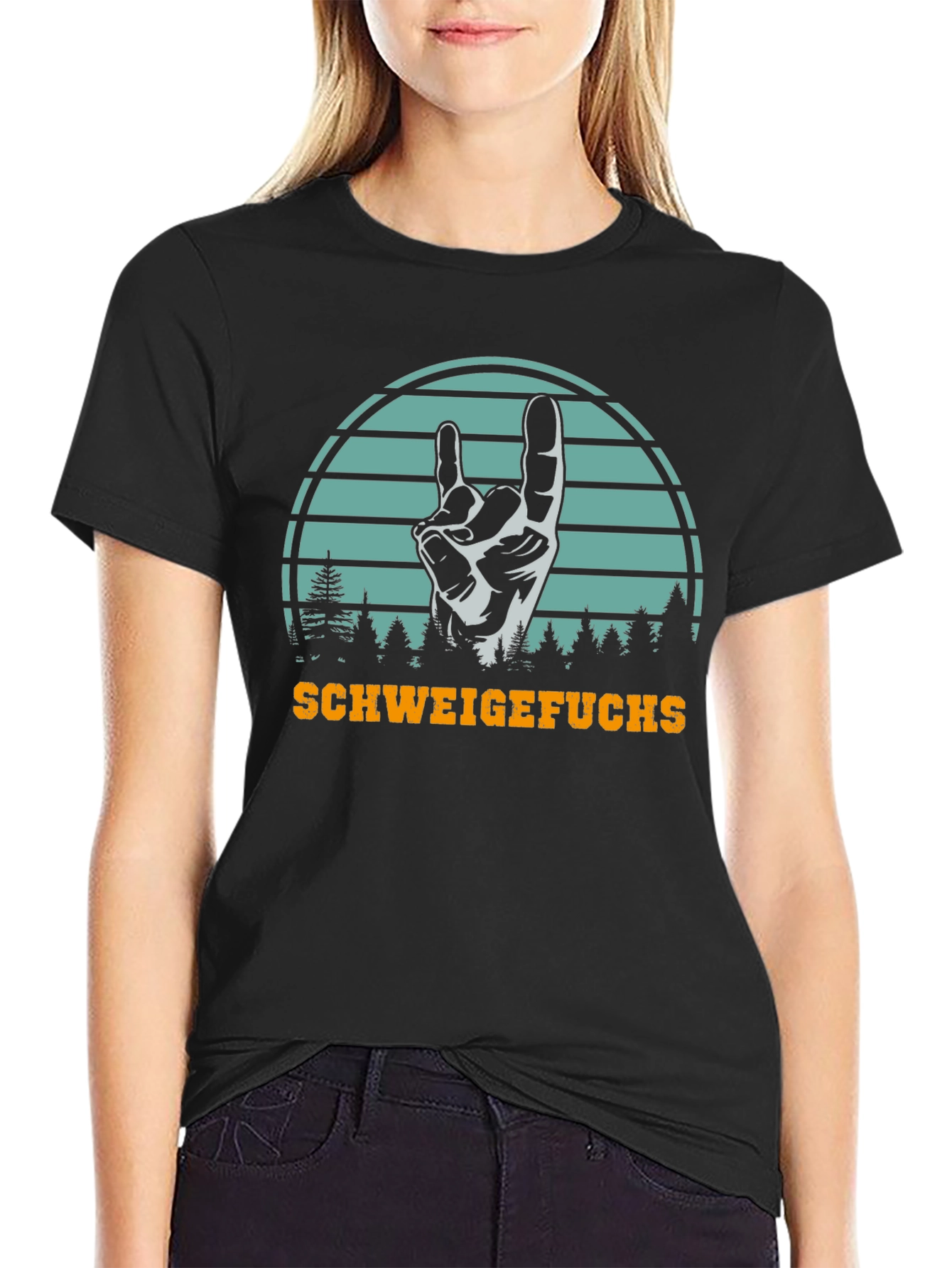 Black SchweigeFuchs Hand Sign Graphic T-Shirt view 2