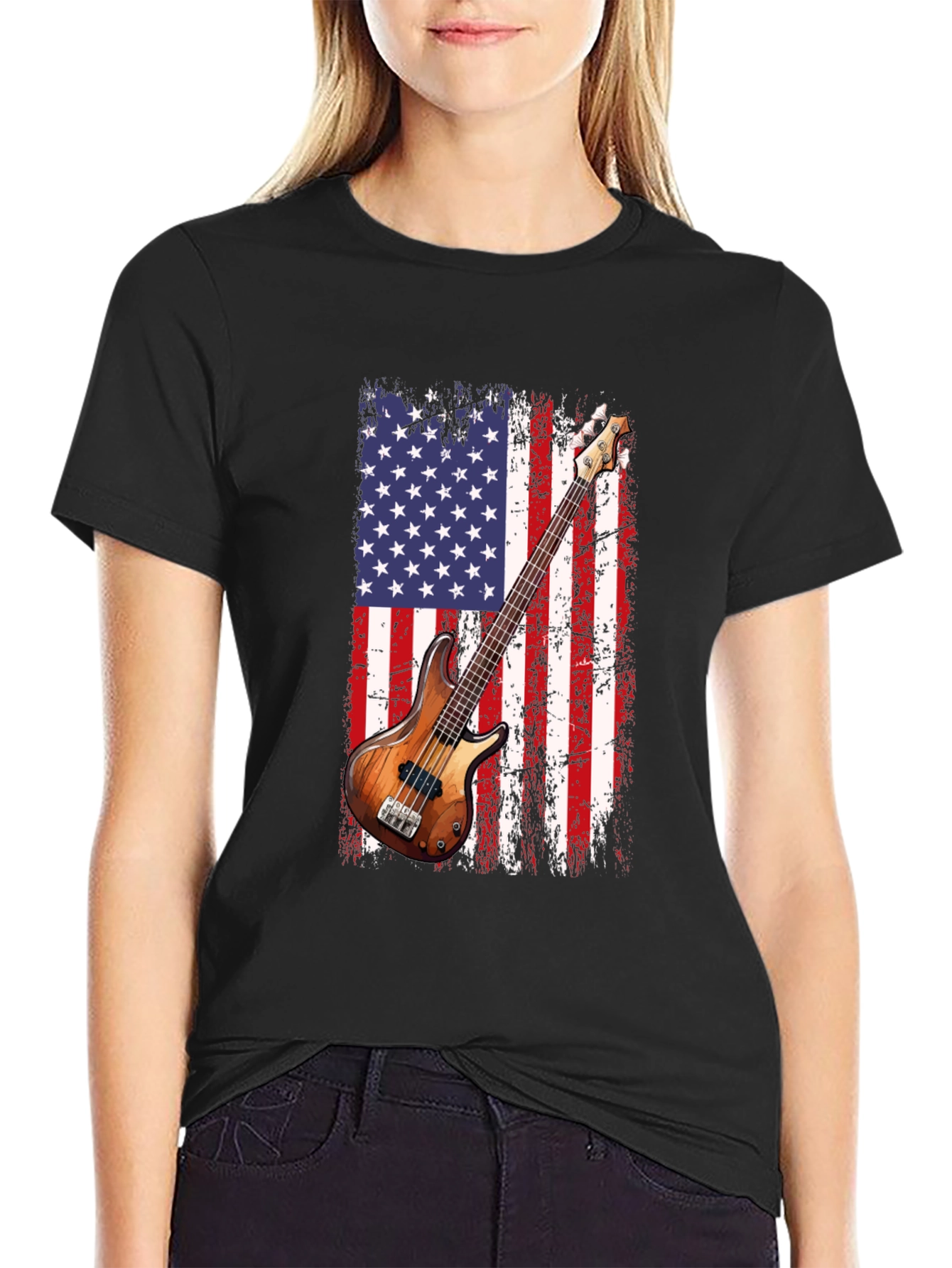 Black USA Flag Bass Guitar T-Shirt view 2
