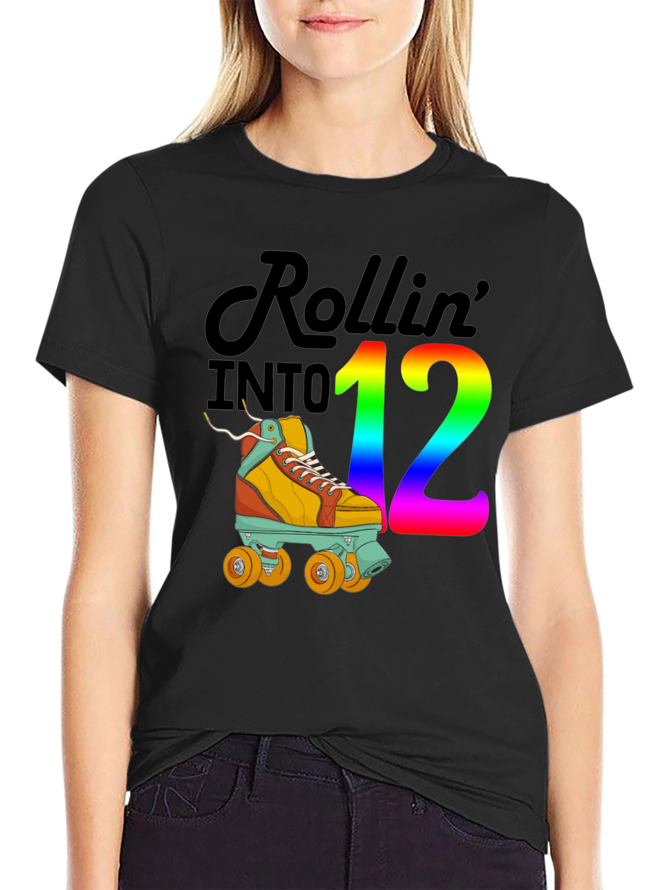 Black Rollin' into 12 T-Shirt, Roller Skate Birthday Tee view 2