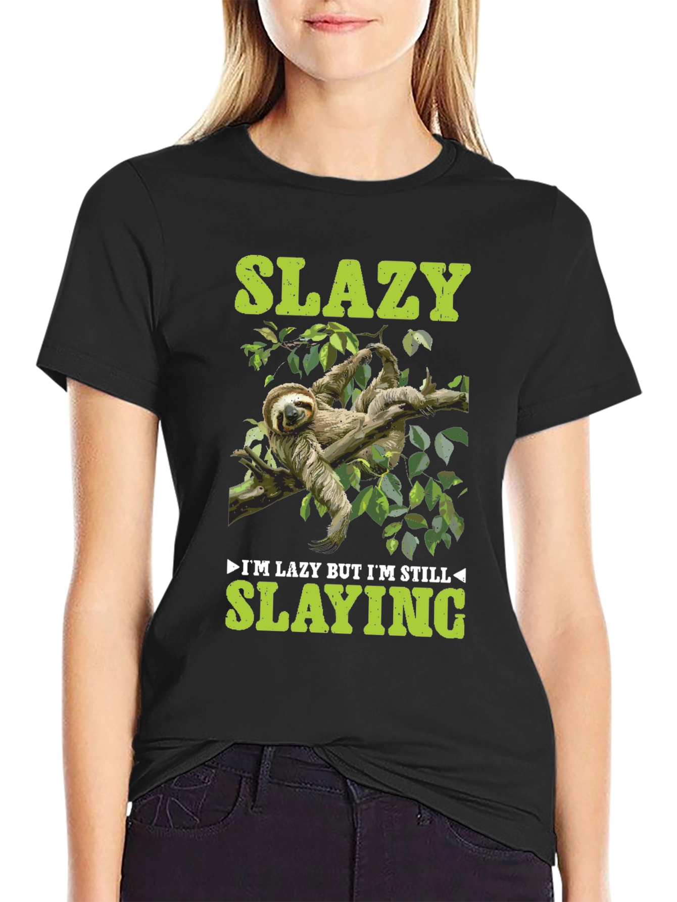 Black Slazy Sloth T-Shirt - Lazy But Still Slaying view 2
