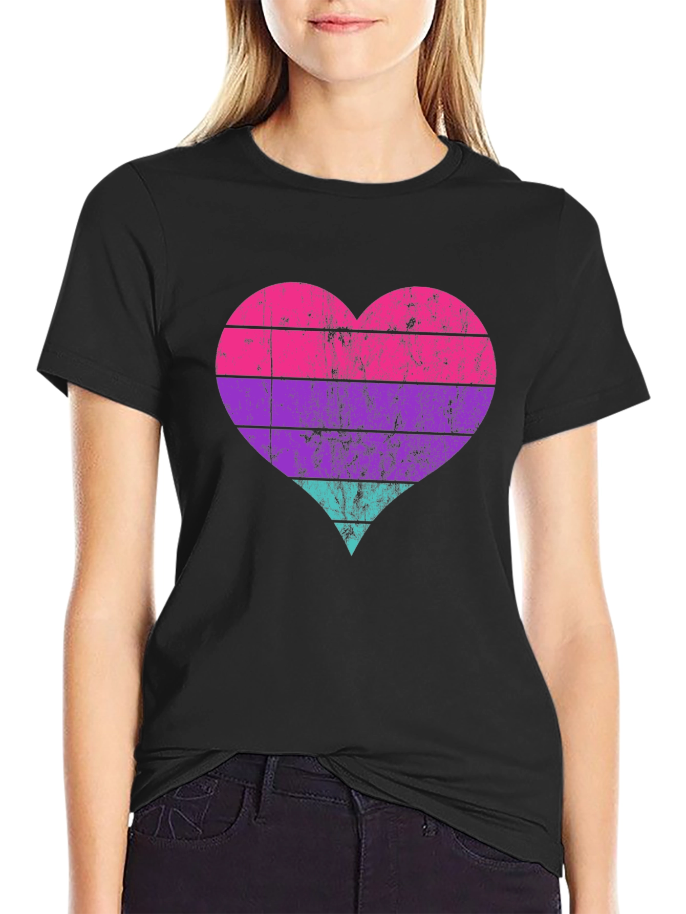 Black Retro Heart Striped Graphic Tee view 2