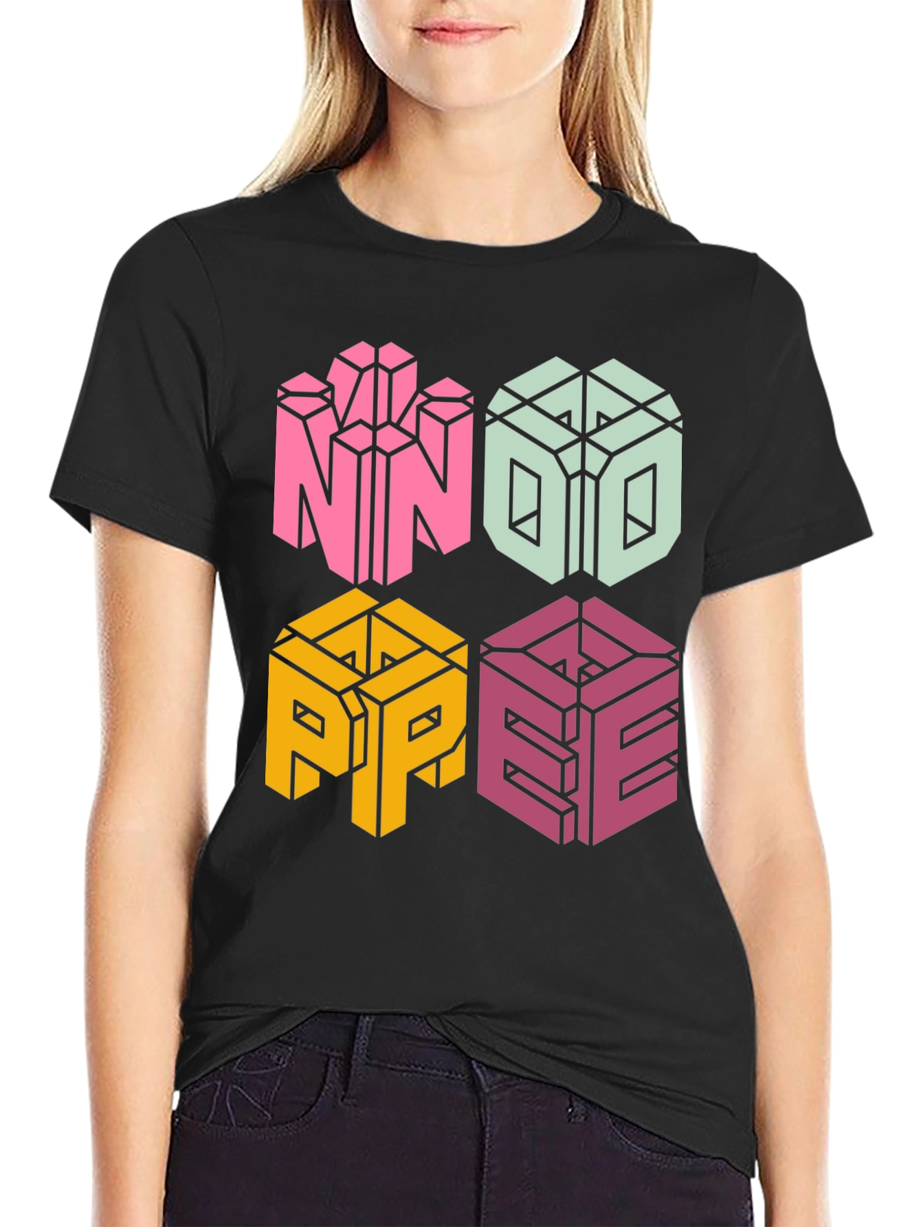 Black Novelty NOPE T-Shirt - Geometric Block Letter Design view 2