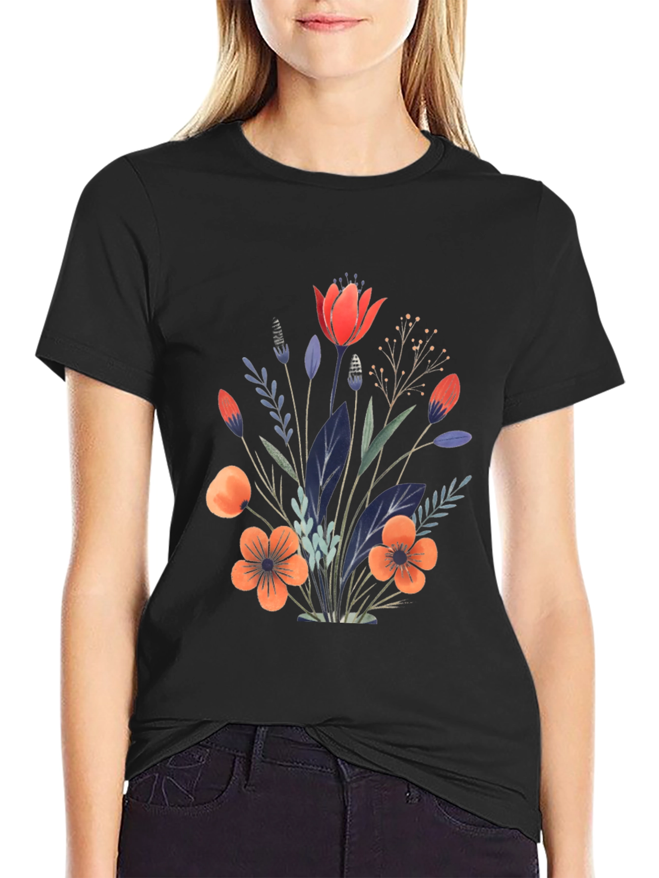 Black Floral Bouquet Graphic Print Black T-Shirt view 2