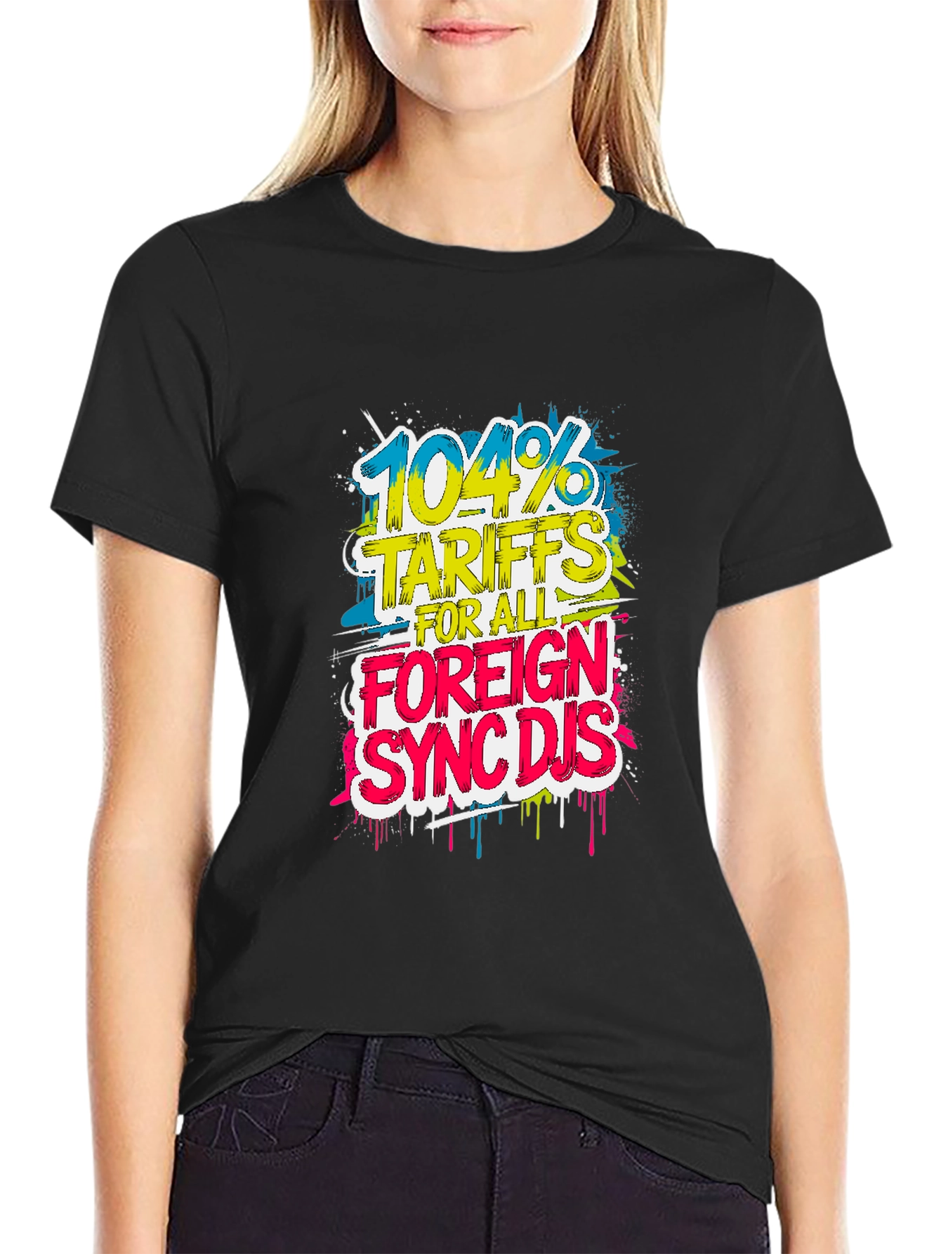 Black 104% Tariffs Foreign Sync DJs Graphic Tee view 2