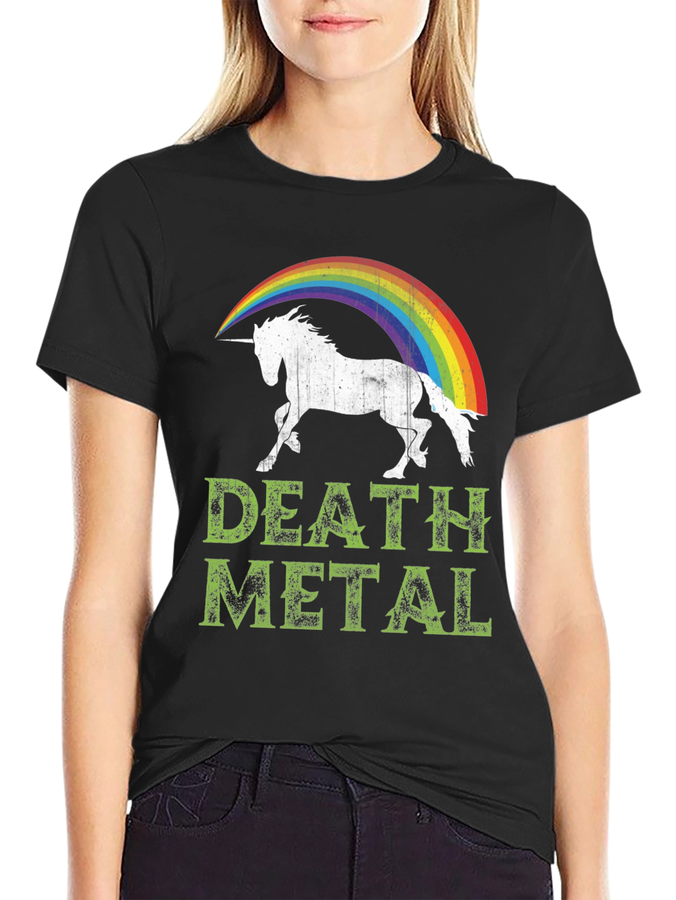 Black Death Metal Unicorn Rainbow T-Shirt - Black Cotton Tee view 2