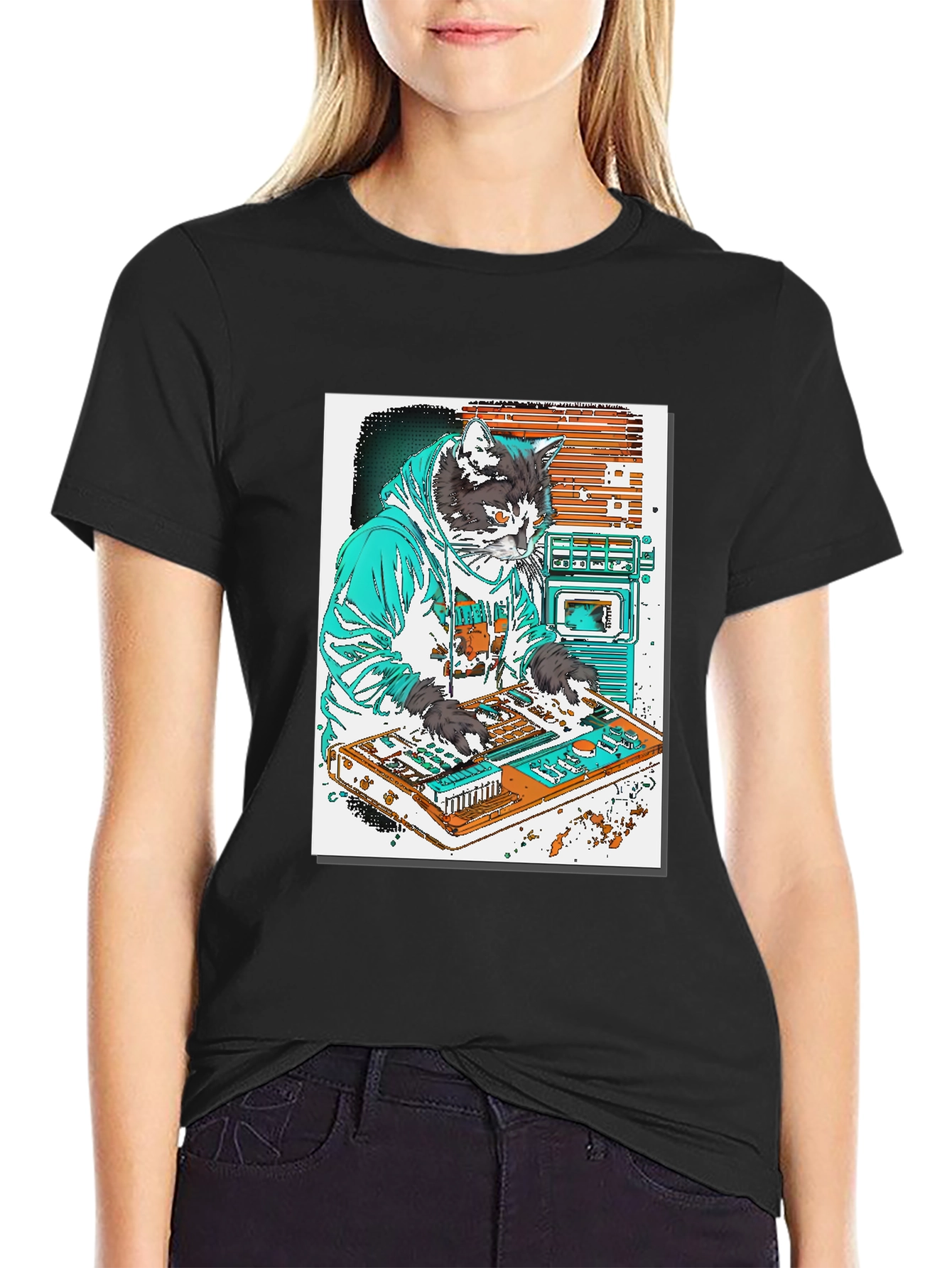 Black DJ Cat Graphic T-Shirt - Black view 2