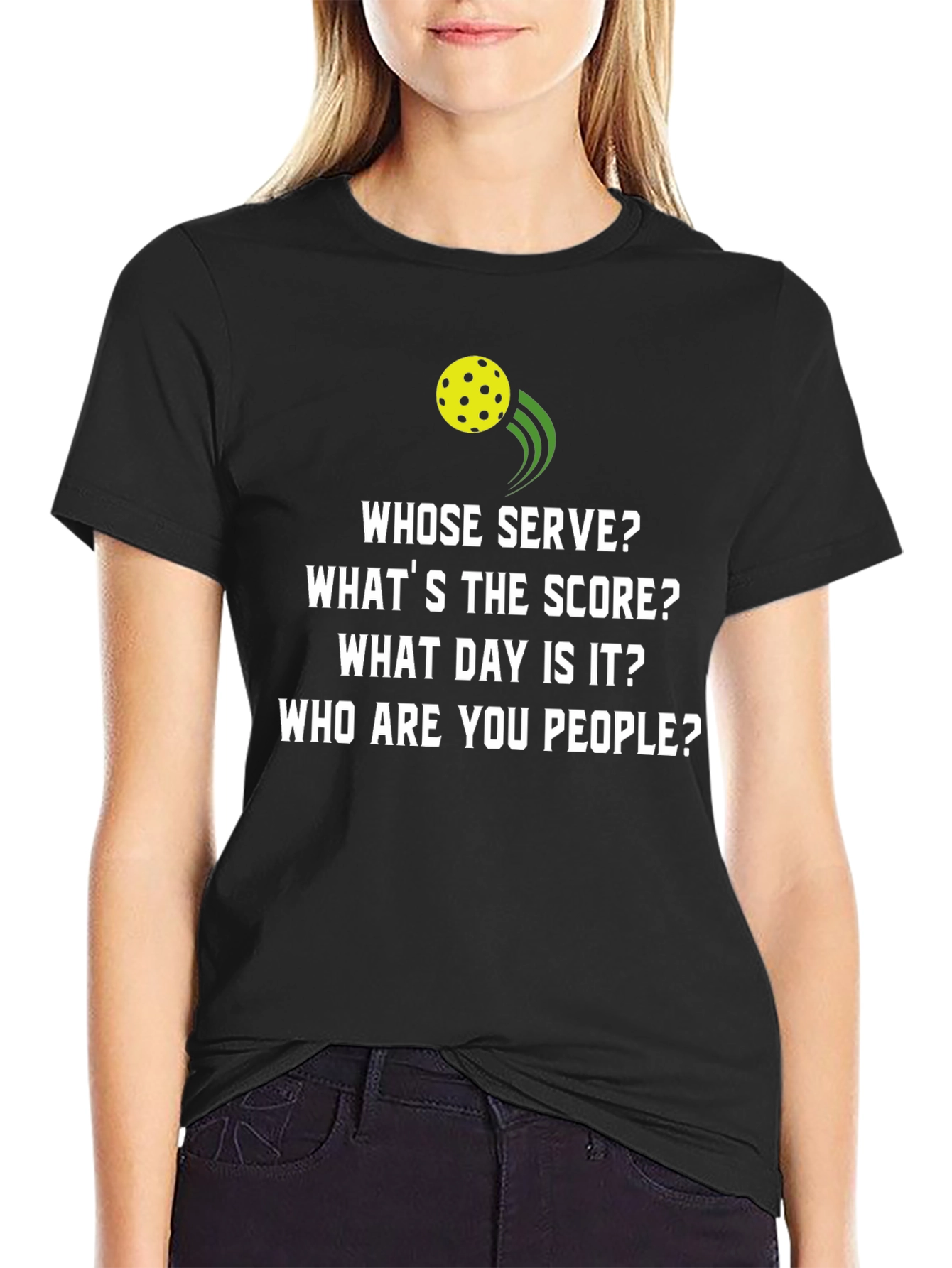 Black Pickleball T-Shirt: Whose Serve Funny Tee view 2
