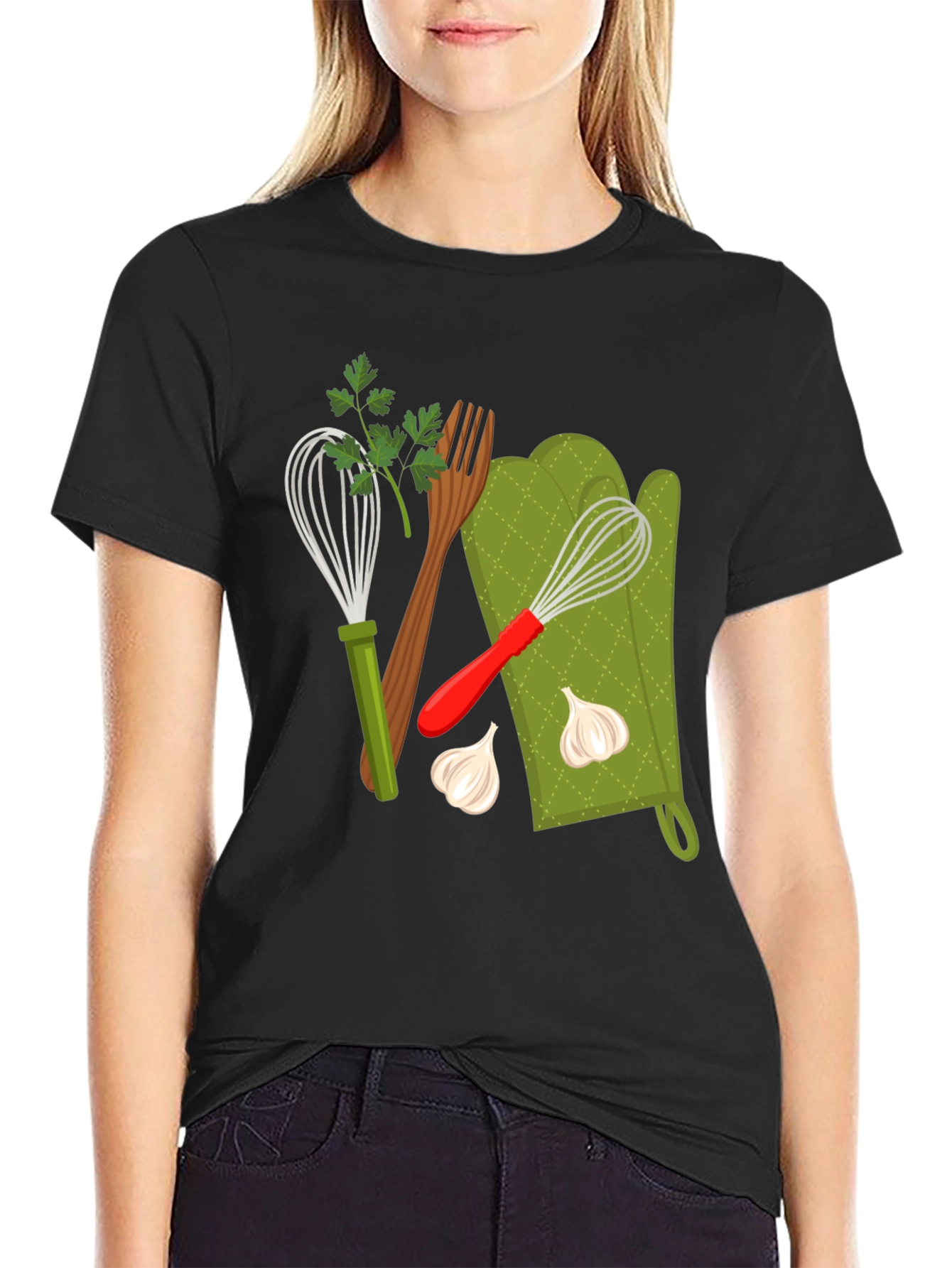 Black Cooking Lover Graphic T-Shirt: Whisk, Fork, and Garlic Design view 2