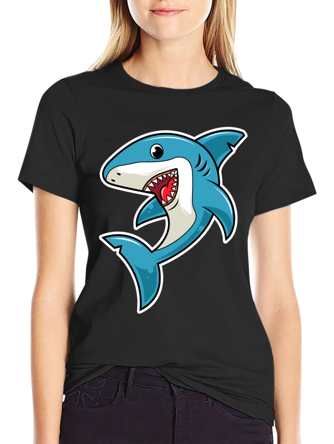 Black Shark Cartoon Graphic Tee - Black Cotton T-Shirt view 2