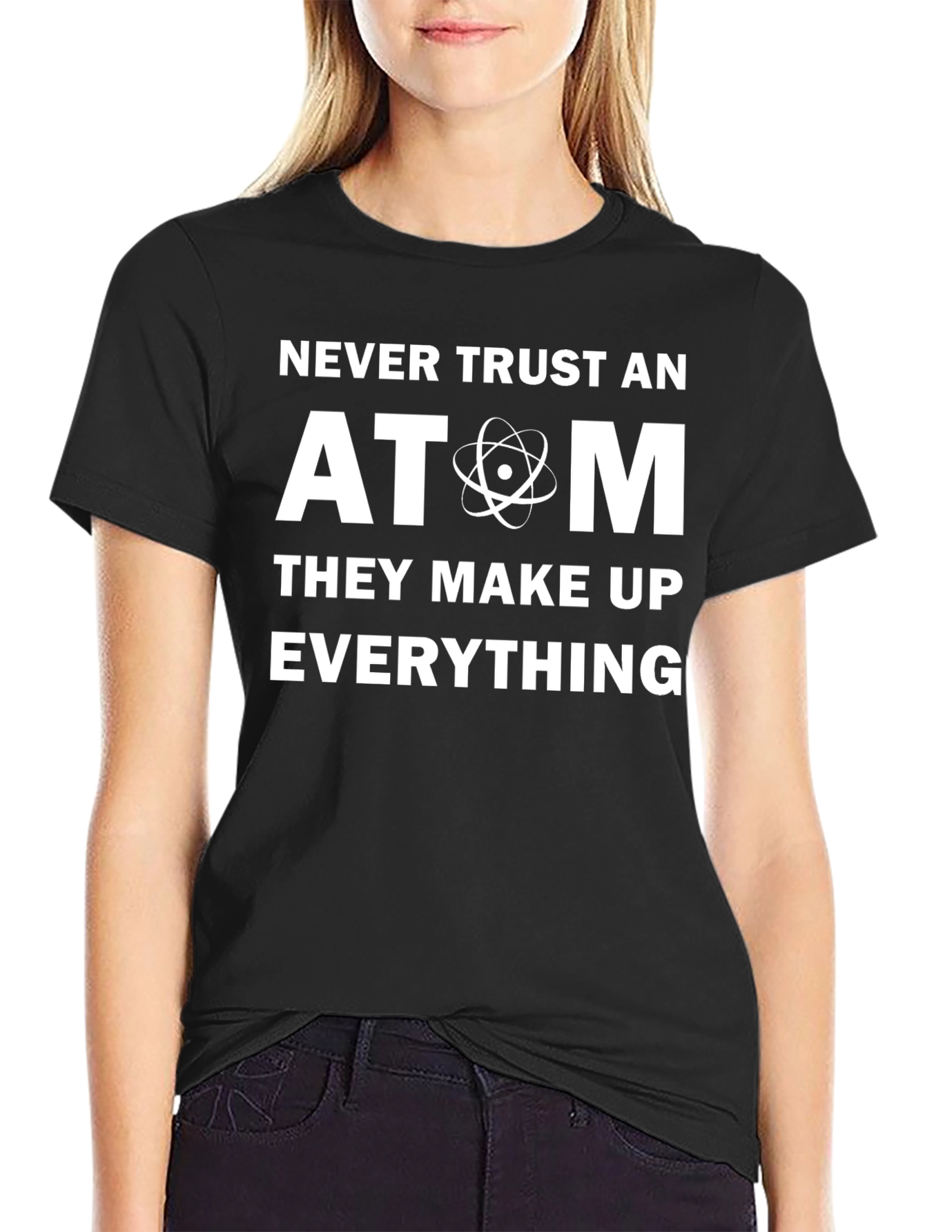 Black Never Trust An Atom T-Shirt - Funny Science Tee view 2