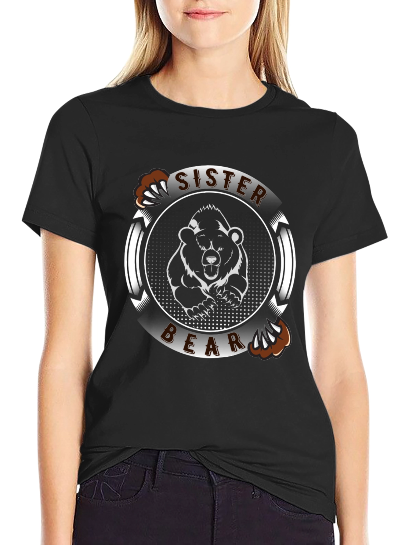 Black Sister Bear Graphic Tee - Black Cotton T-Shirt view 2