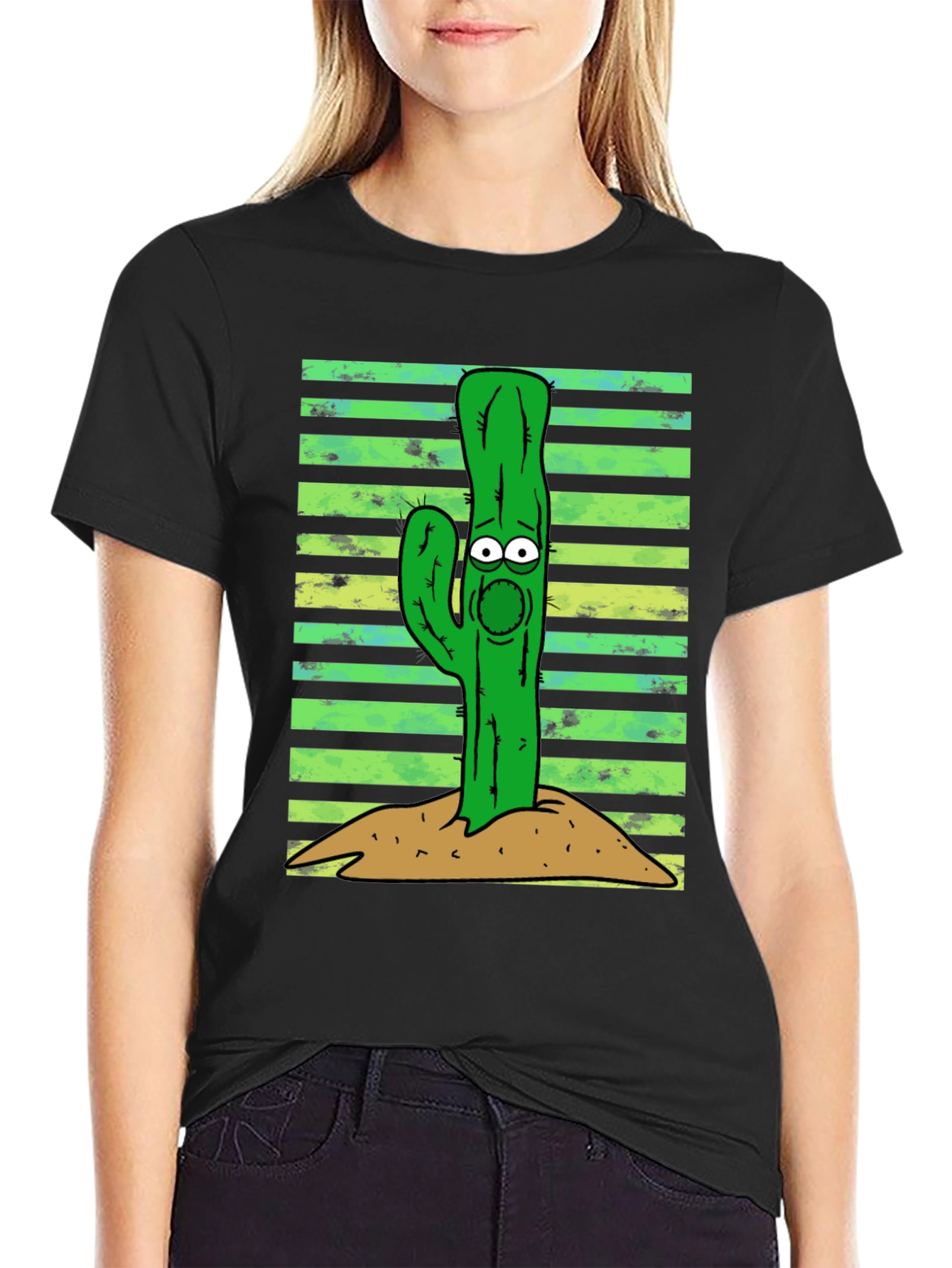 Black Cartoon Cactus Graphic Tee - Unisex Black T-Shirt view 2
