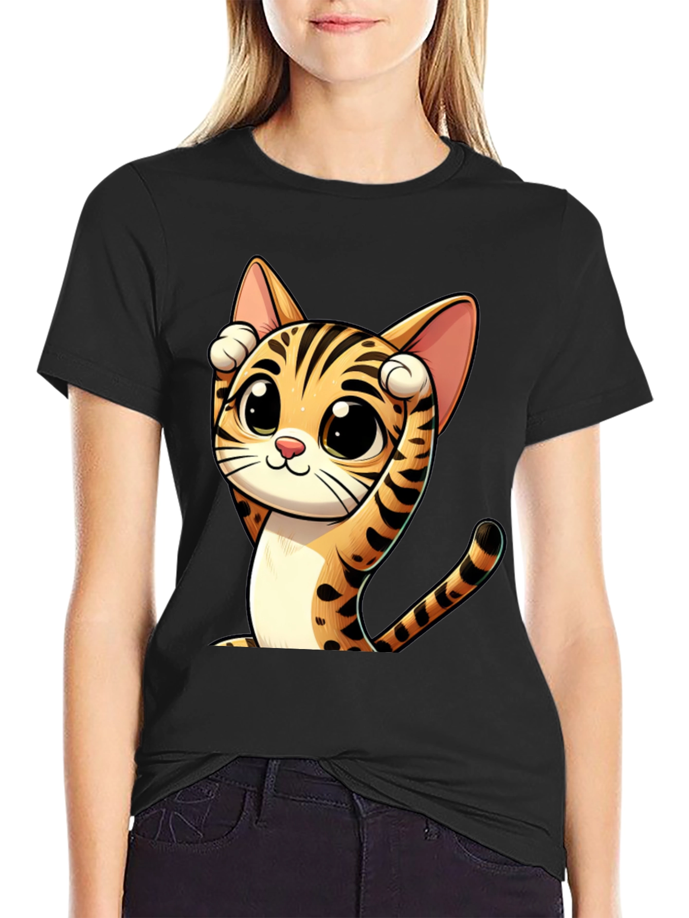 Black Cute Cartoon Cat Graphic Black T-Shirt view 2