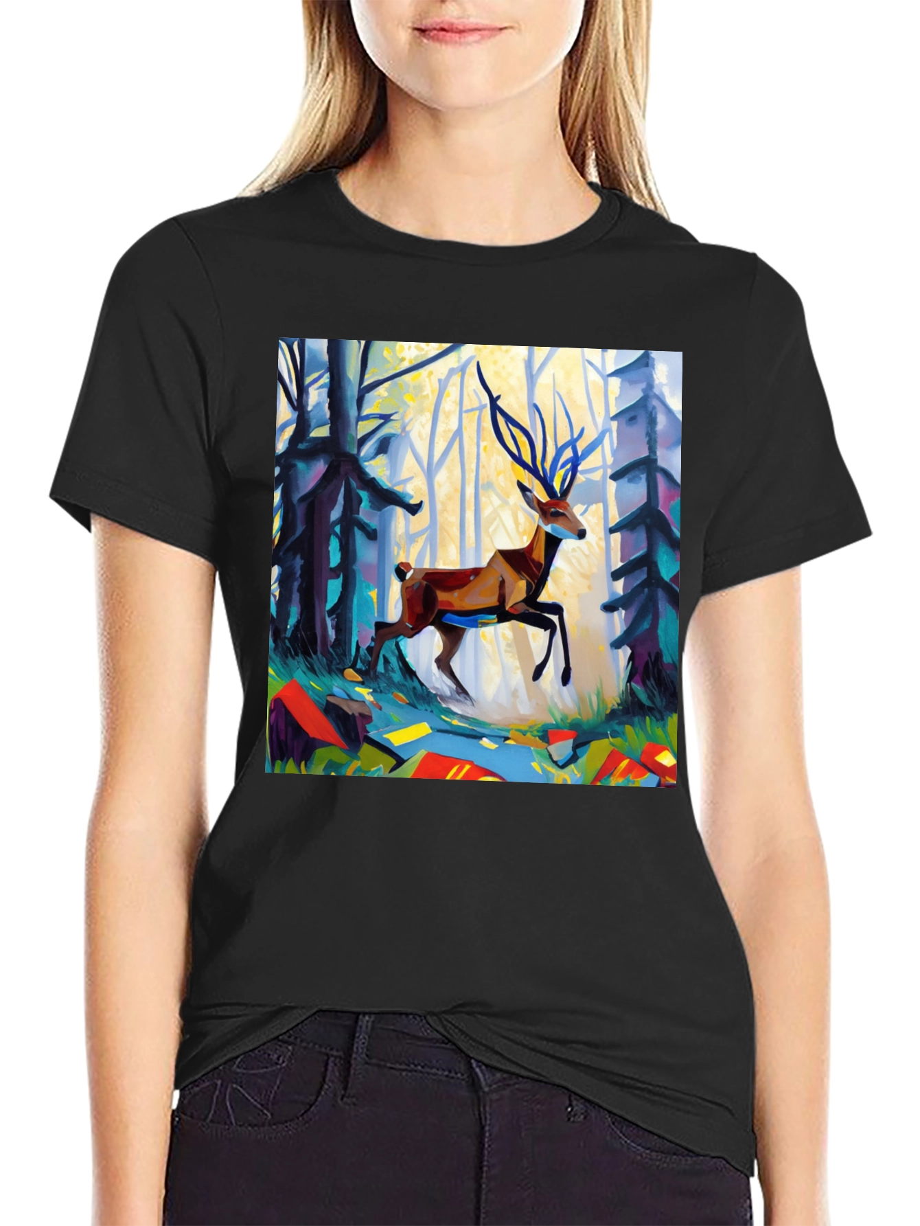 Abstract Deer Forest Graphic Tee - Black Casual T-Shirt - 2