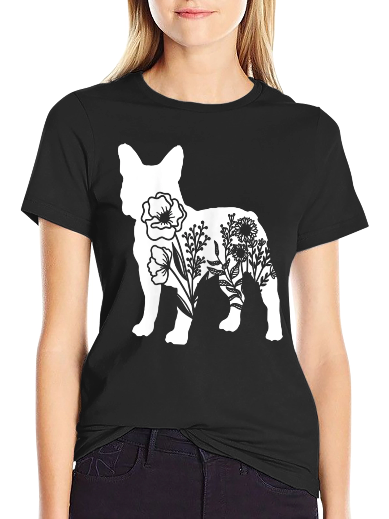 Black Floral Dog Graphic Tee - Stylish Casual Wear view 2