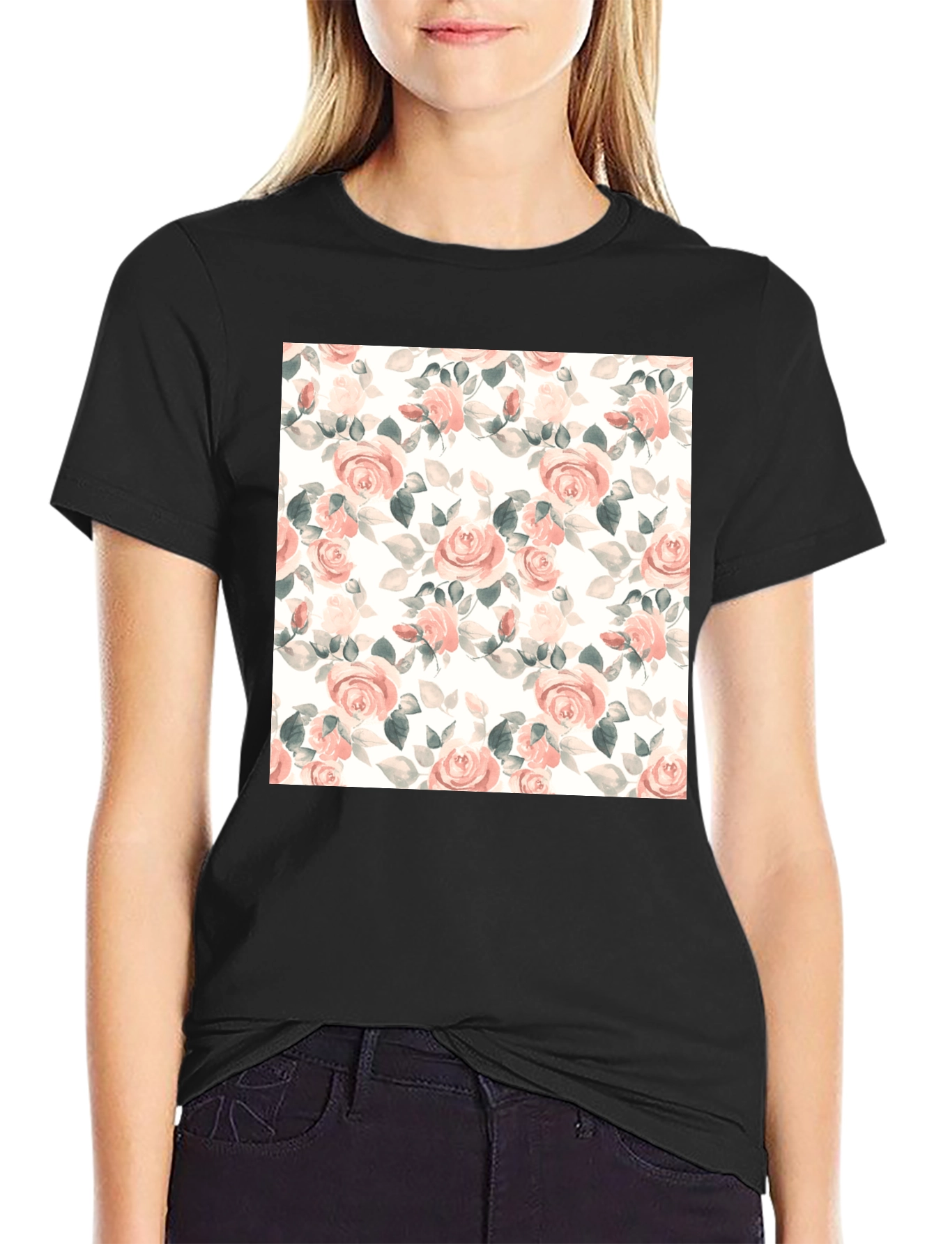 Black Floral Rose T-Shirt - Black Cotton Blend view 2