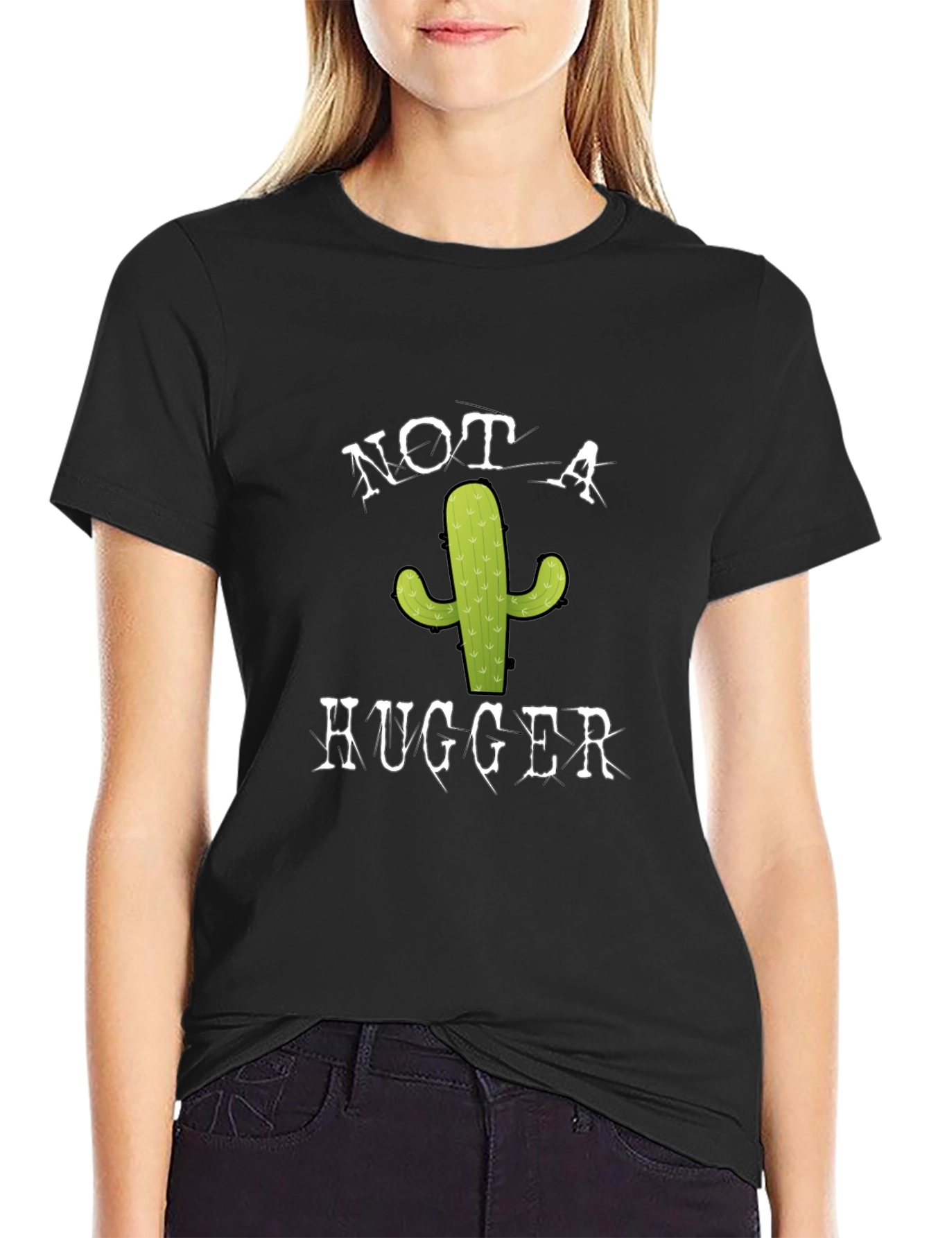 Black Not a Hugger Cactus T-Shirt - Funny Graphic Tee view 2