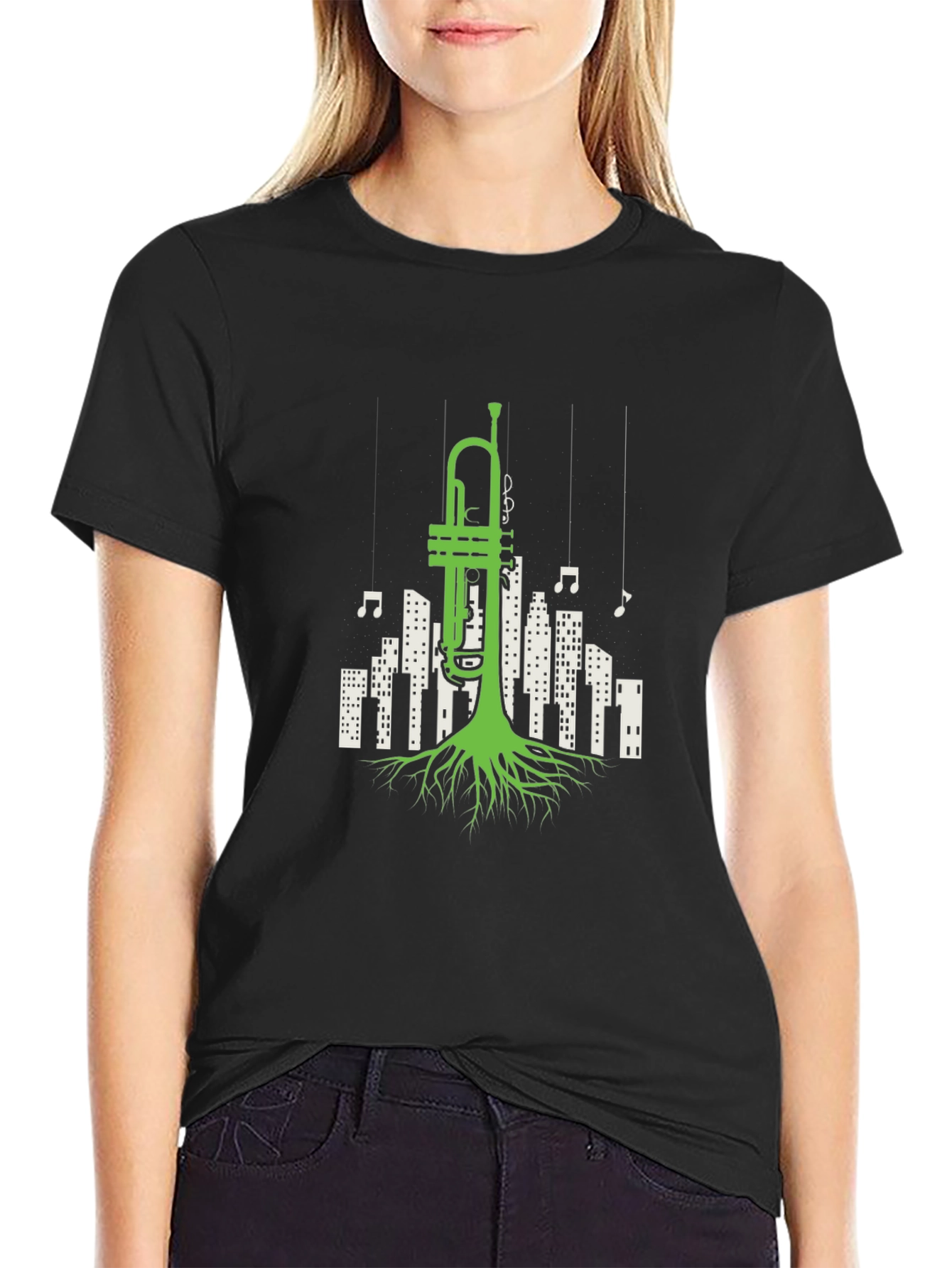 Black Jazz Roots T-Shirt - Trumpet Cityscape Design view 2