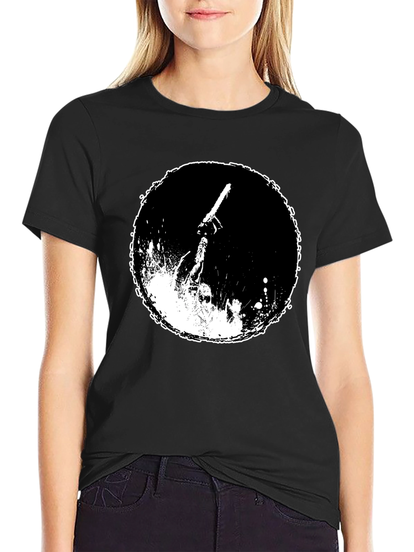 Black Graphic Tee: Chainsaw Moon Black Cotton T-Shirt view 2