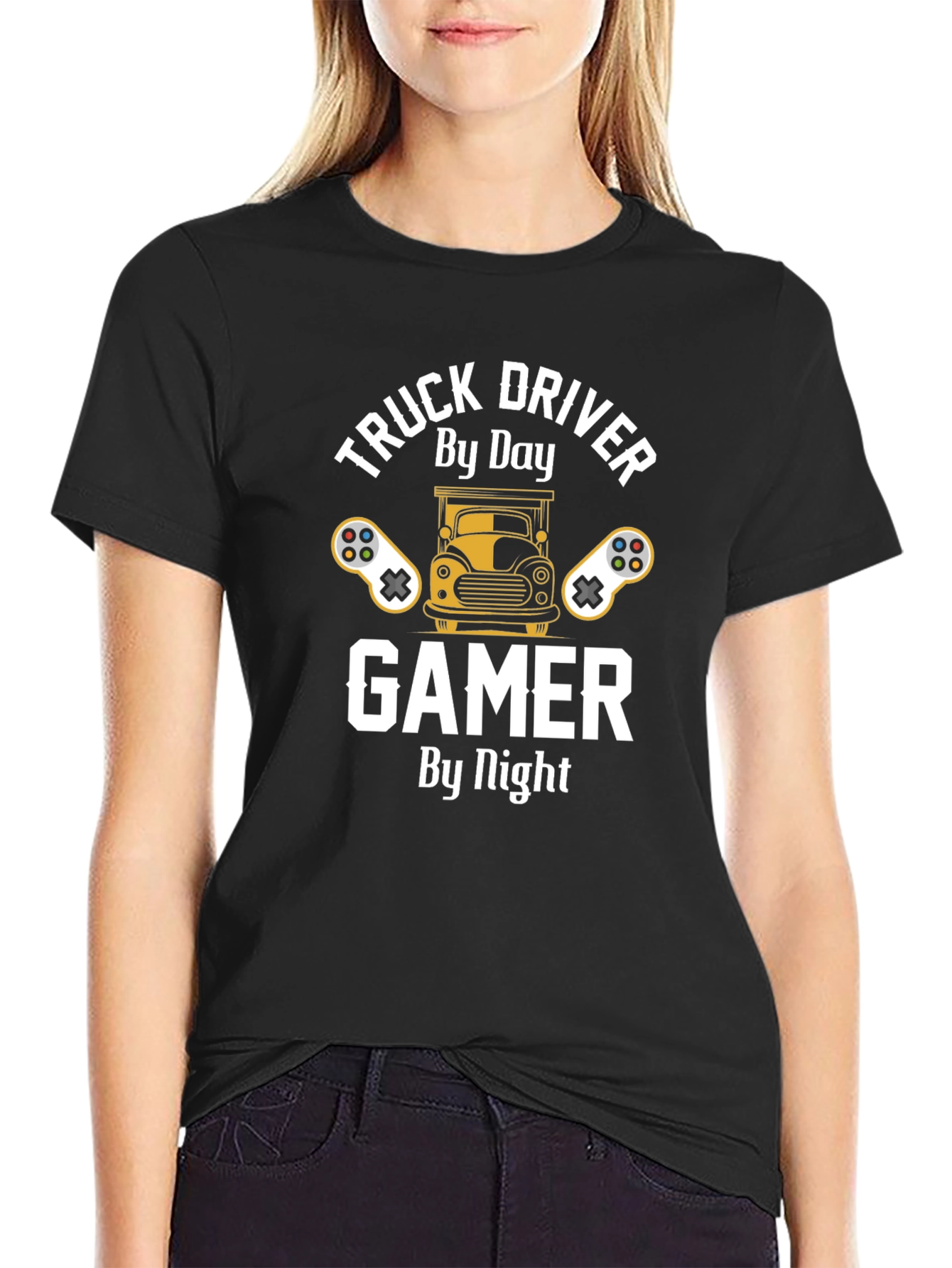Black Truck Driver Gamer T-Shirt - By Day, By Night view 2