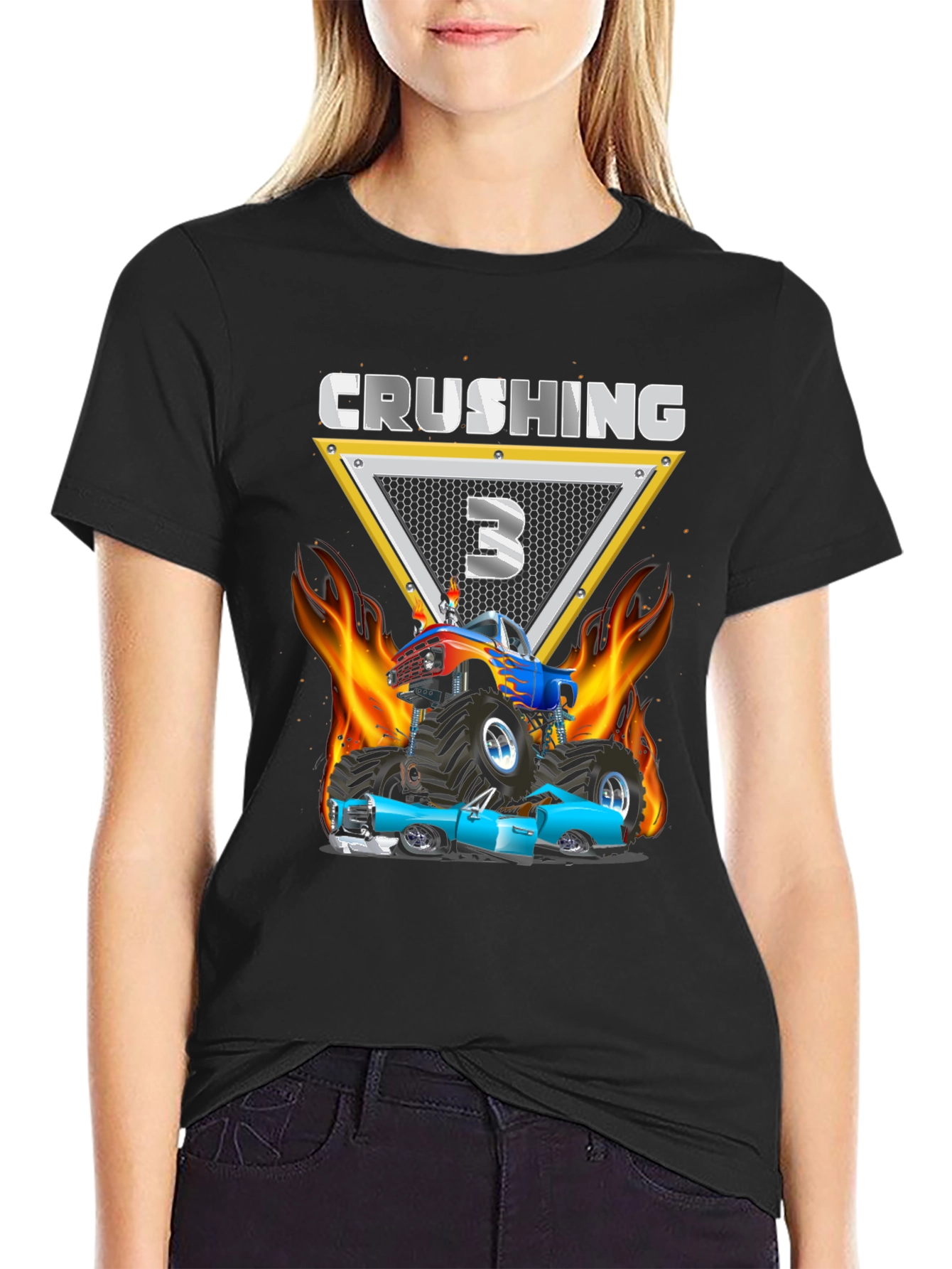 Black Crushing Three Monster Truck Birthday T-Shirt view 2