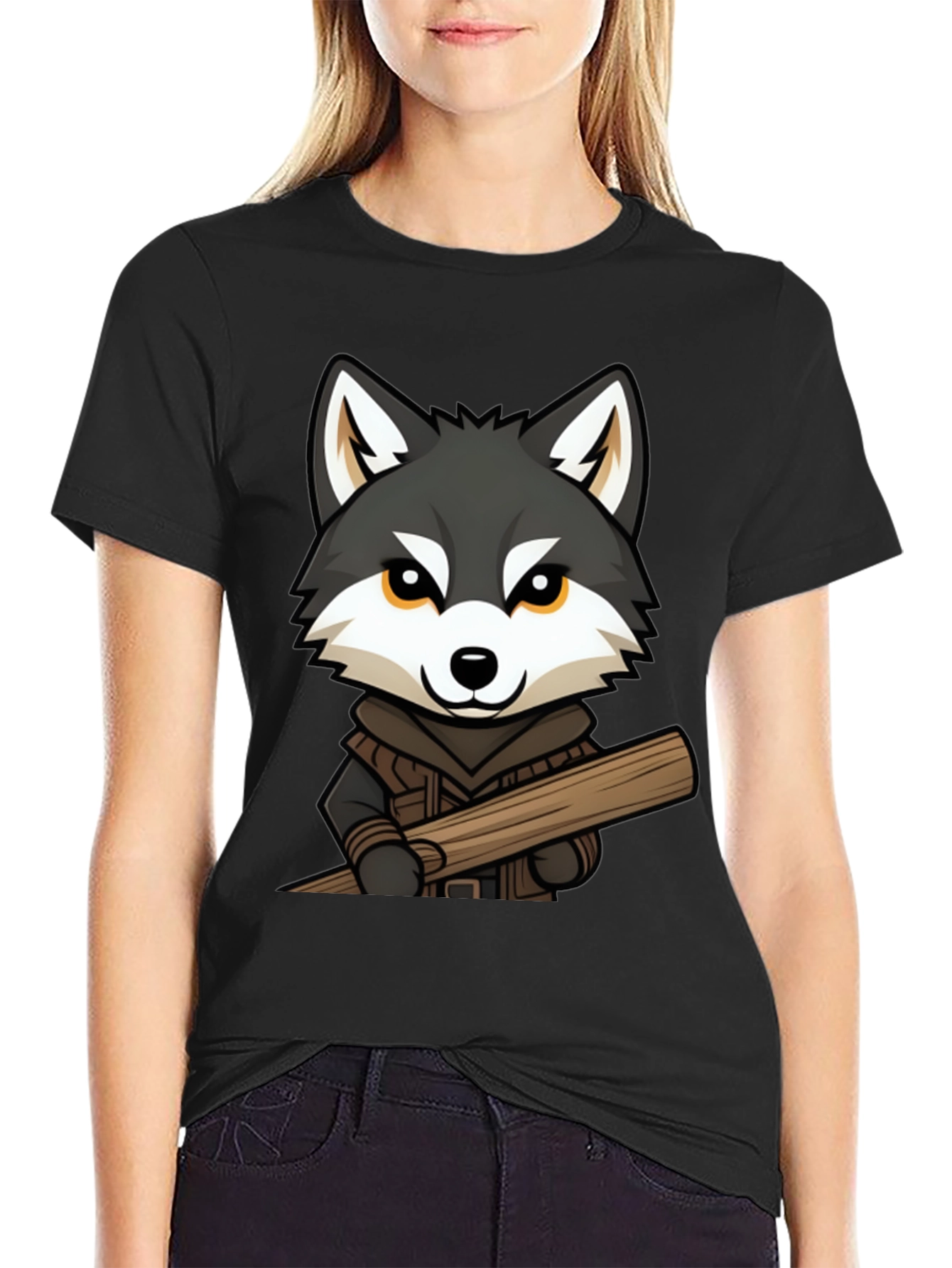 Black Wolf Lumberjack Cartoon Graphic T-Shirt view 2