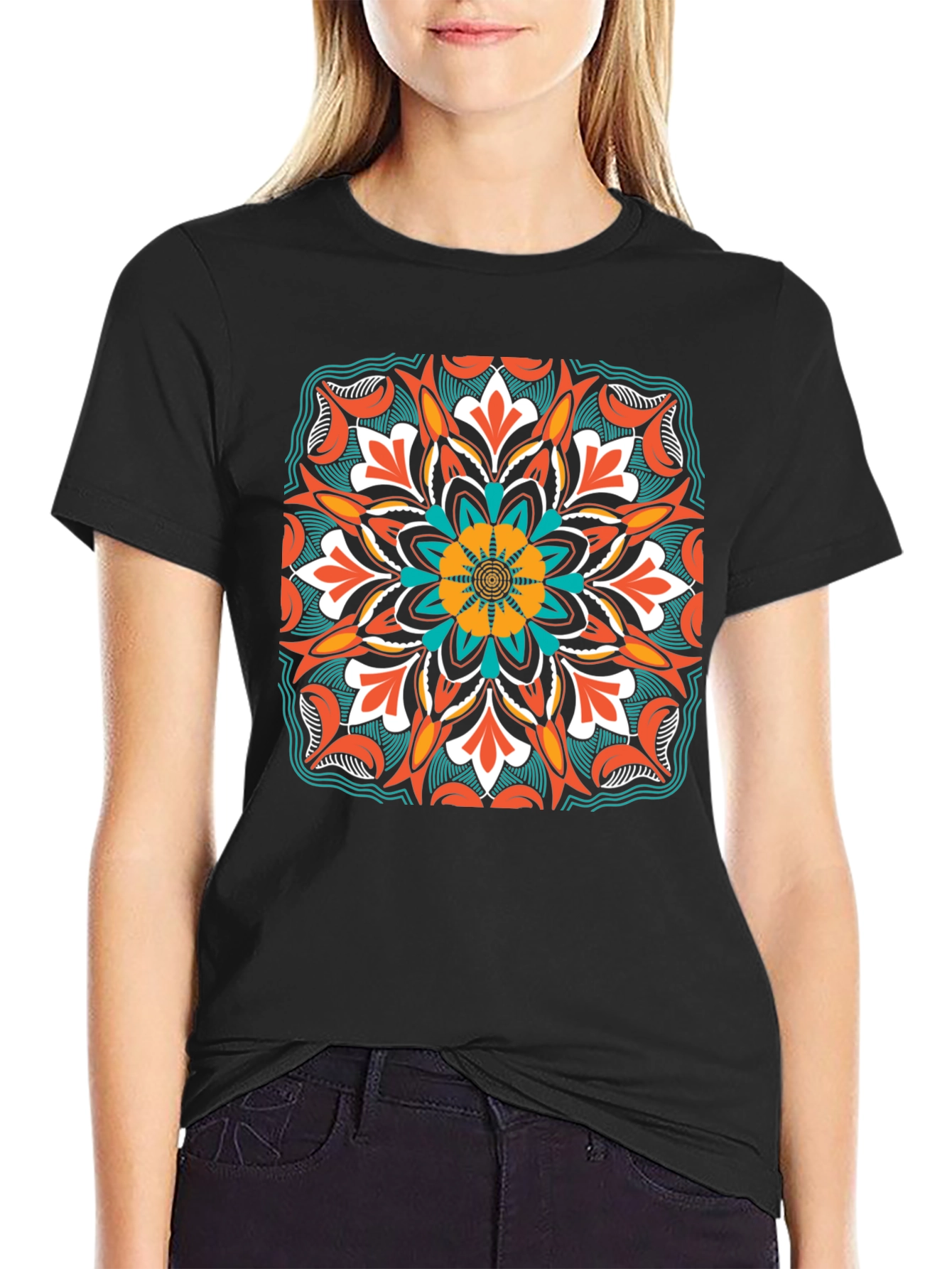 Black Geometric Mandala Design Black T-Shirt view 2