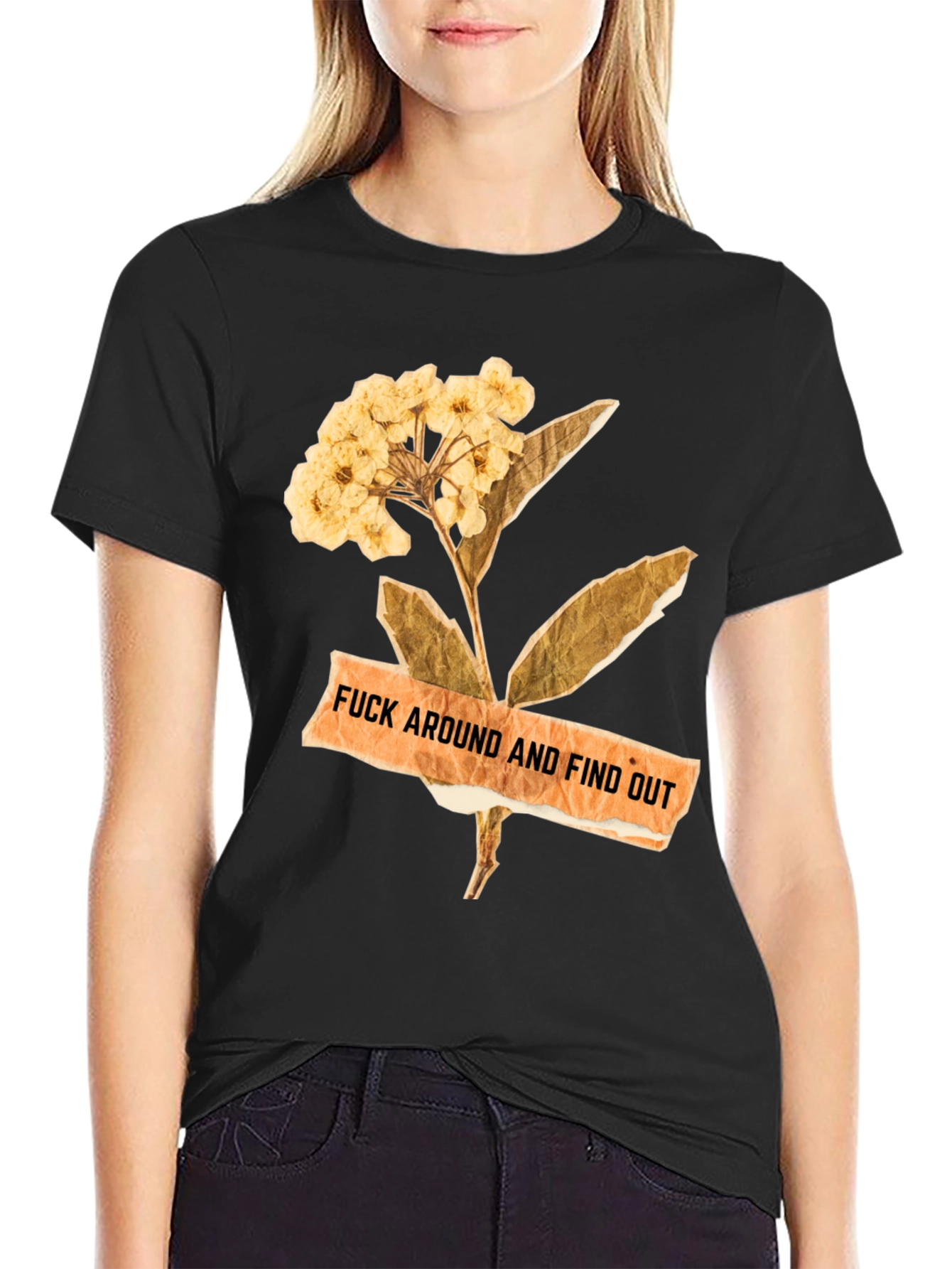 Black Floral Caution Men's Black Tee view 2