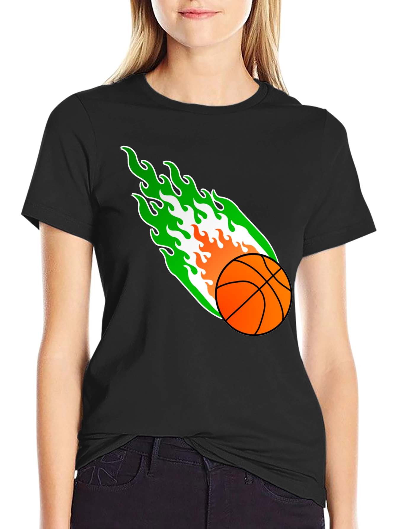 Black Flaming Basketball Graphic Tee - Black Cotton Shirt view 2
