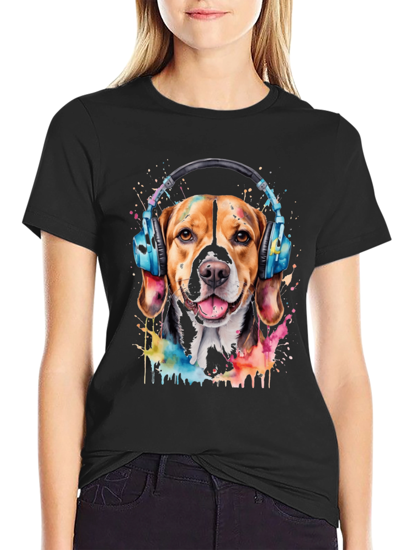 Black Dog with Headphones Graphic Tee view 2