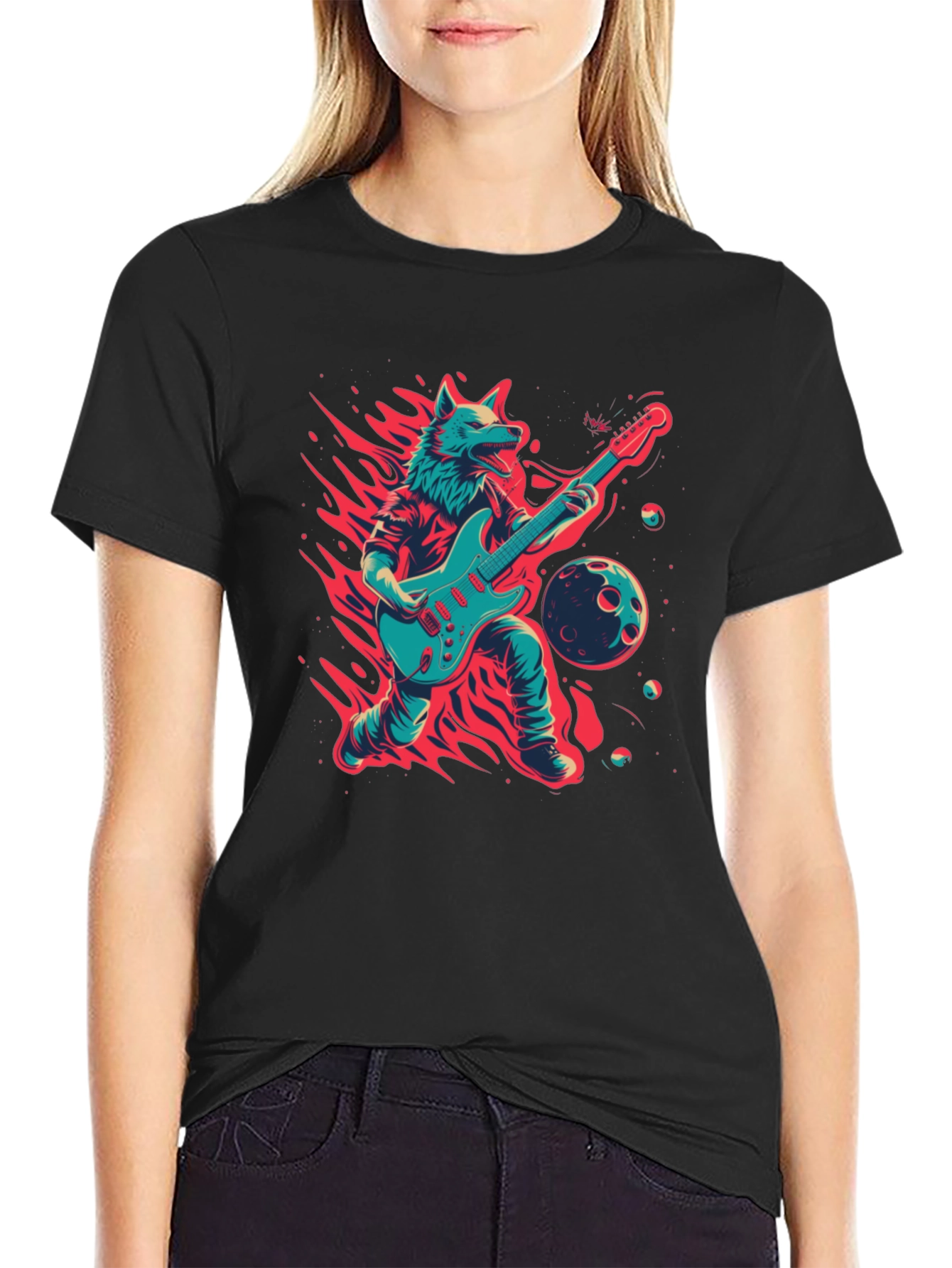 Black Wolf Guitarist Graphic T-Shirt - Unique Design view 2