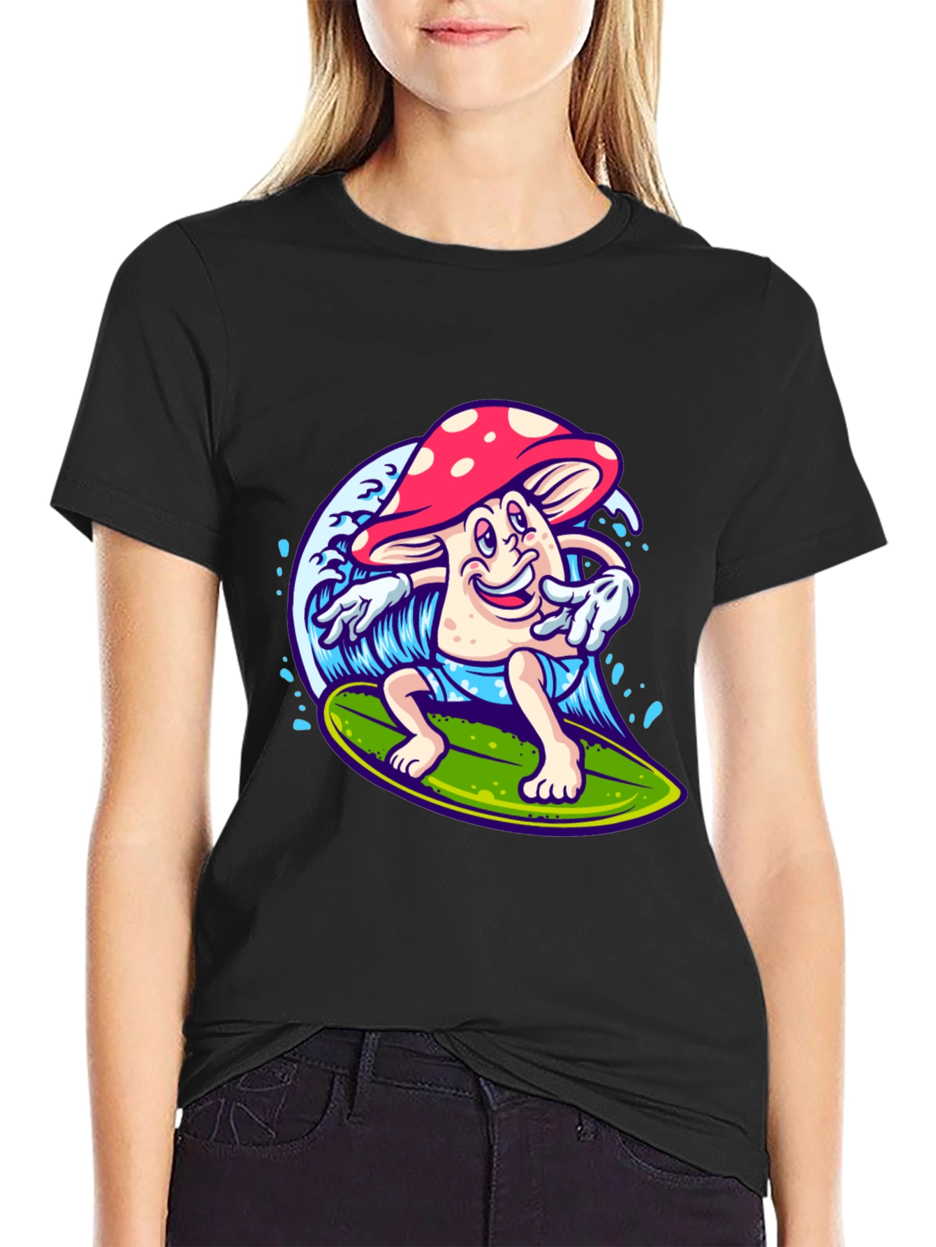 Black Surfing Mushroom Graphic T-Shirt view 2