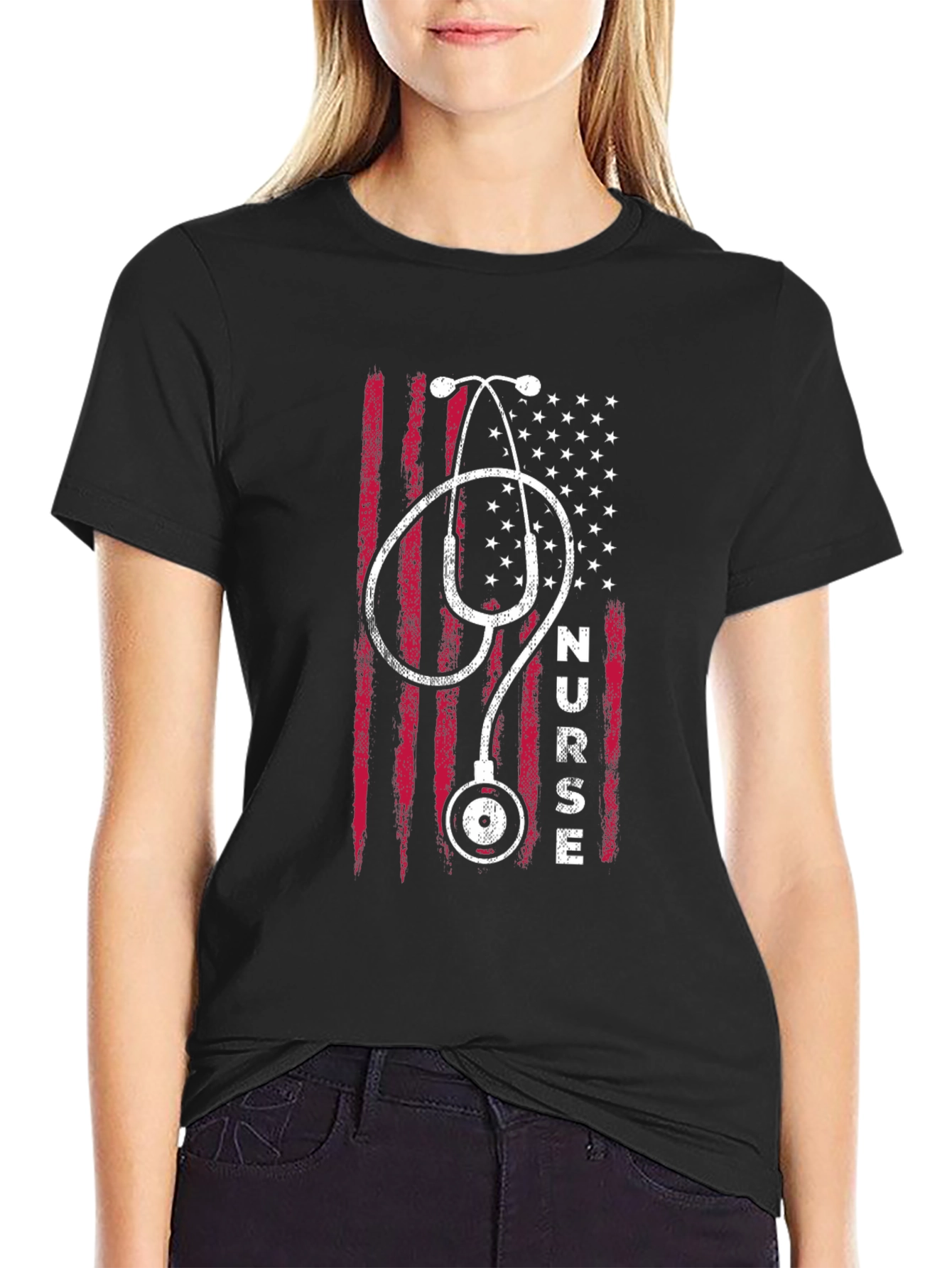 Black Nurse USA Flag Stethoscope T-Shirt - Black view 2