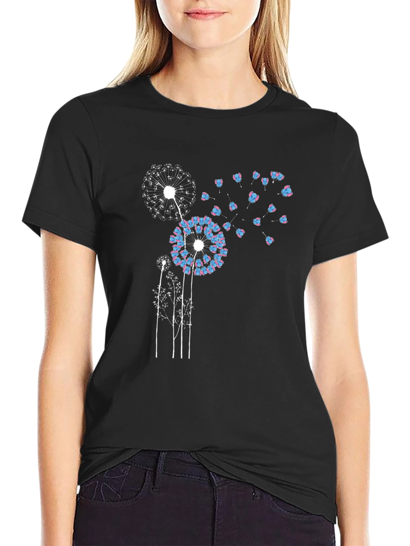 Black Dandelion Print Black T-Shirt view 2