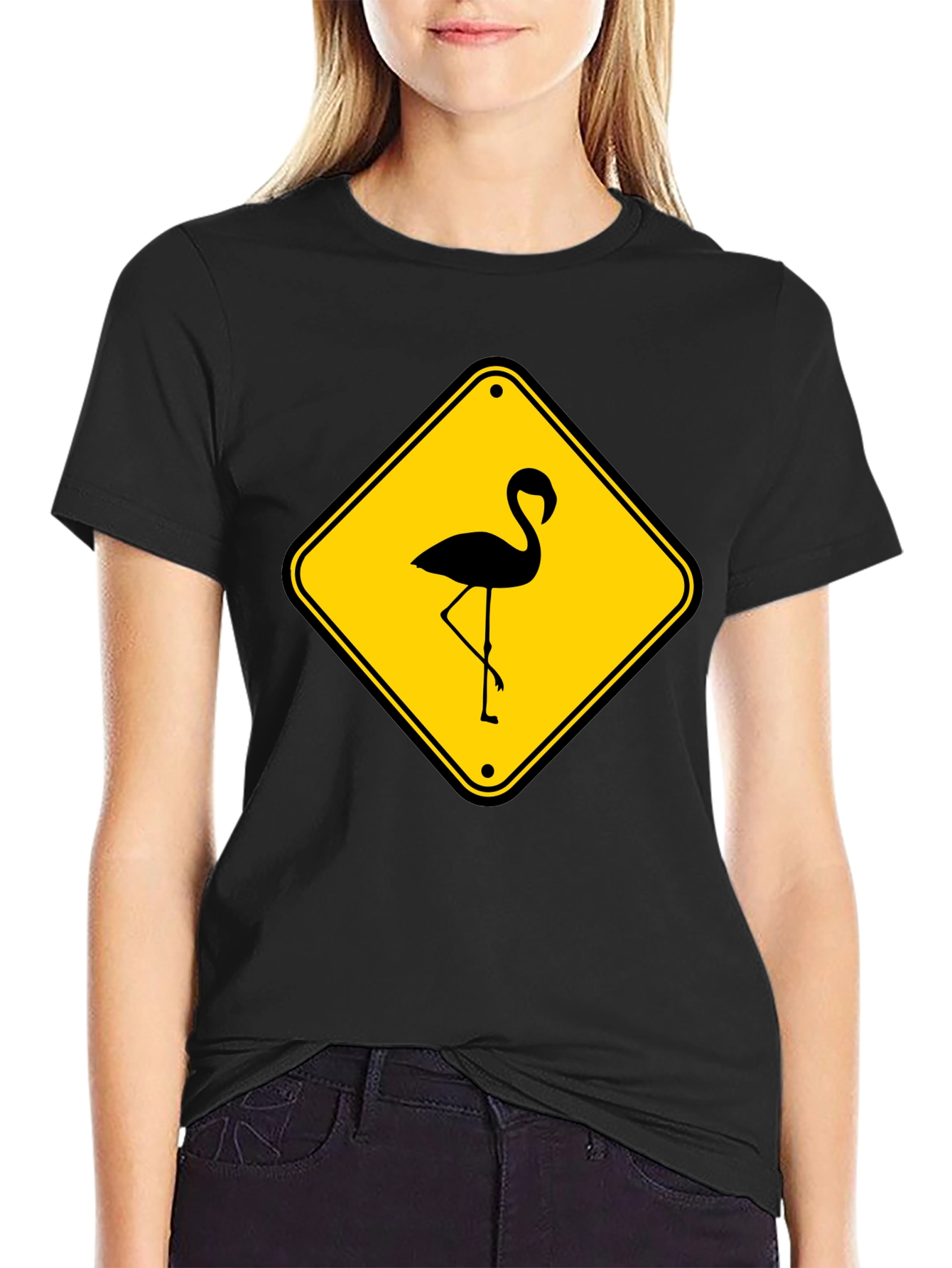 Black Flamingo Warning Sign Graphic Tee view 2