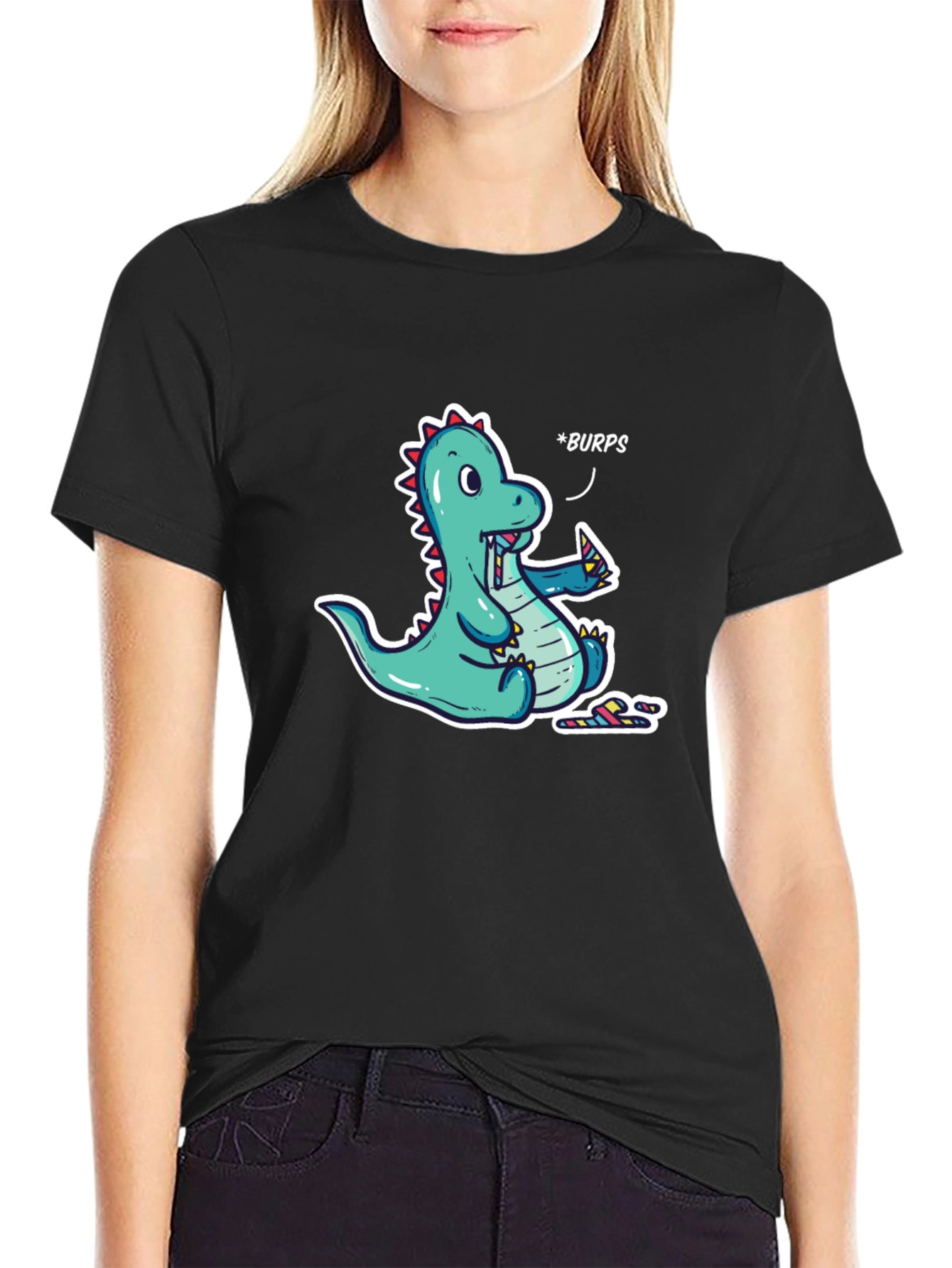 Black Funny Dinosaur *Burps* Graphic T-Shirt - Black Cotton Tee view 2