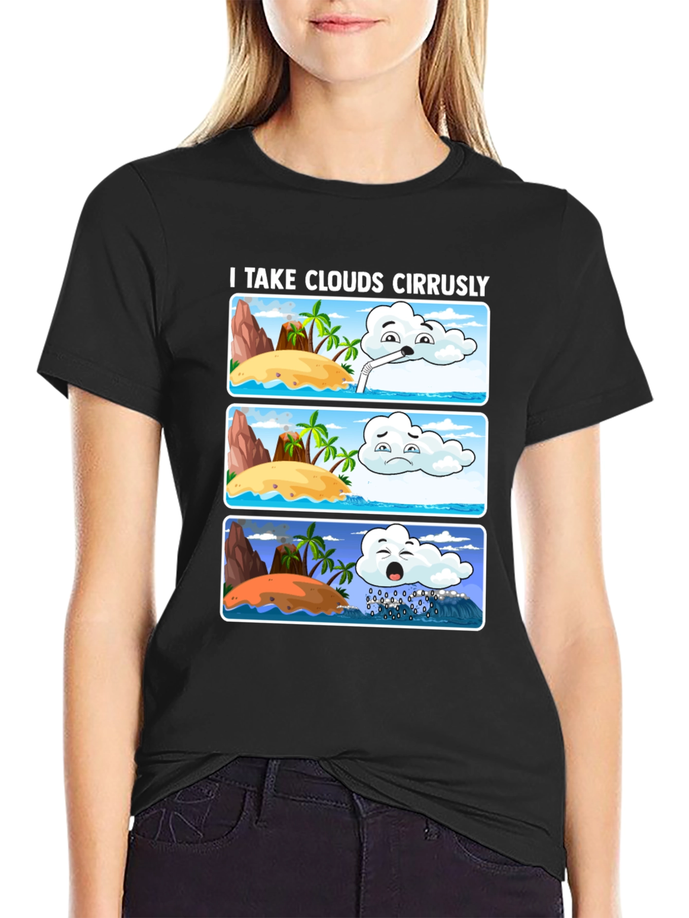 Black Humorous Weather Cartoon T-Shirt view 2