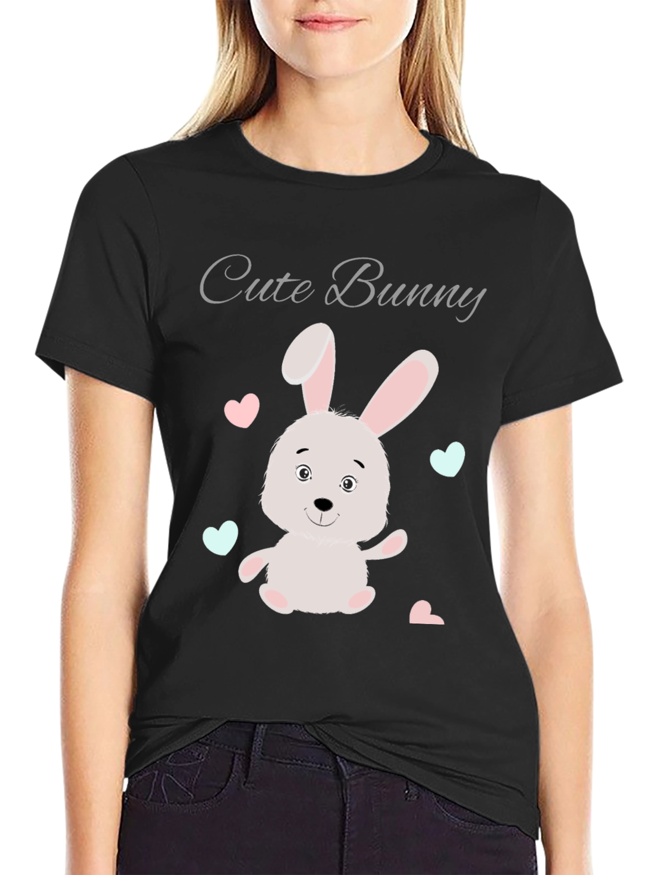 Black Cute Bunny Graphic Tee - Soft Cotton Blend view 2