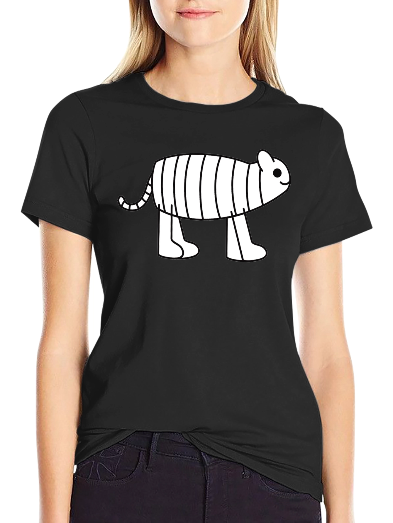 Black Cute Cartoon Tiger Graphic Black T-Shirt view 2